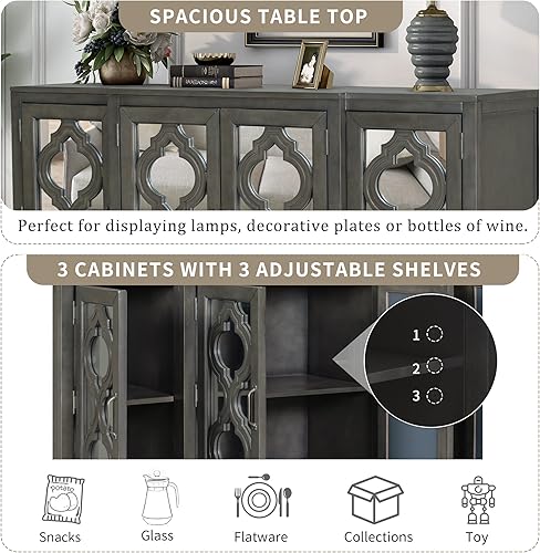 Miniatura 7 de Armario de almacenamiento moderno mesa de consola espejada aparador de 598 pulgadas con 4 armarios y 3 estantes ajustables para sala de estar