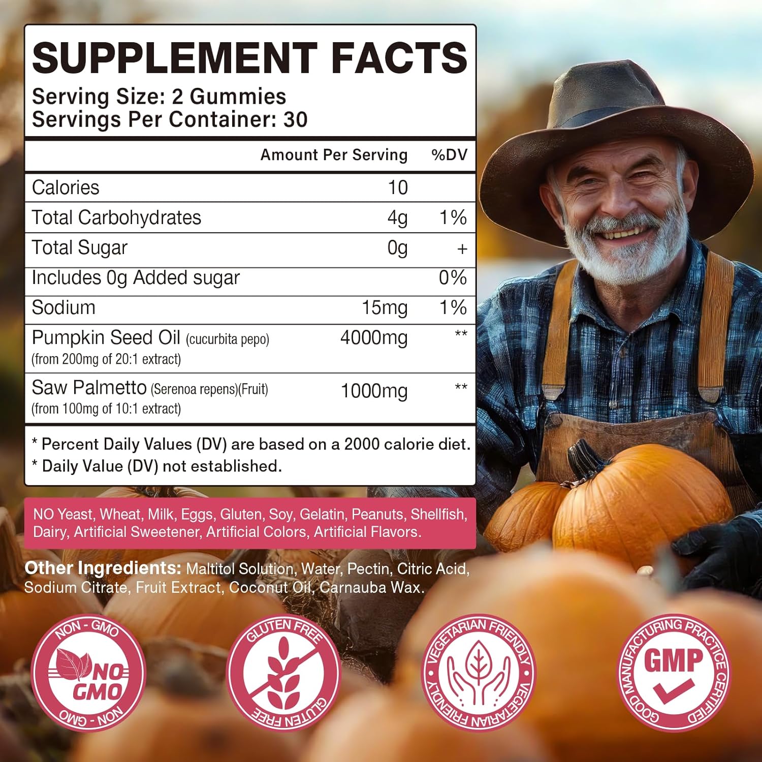 Pumpkin Seed Oil Gummies, Pumpkin Seed Oil Supplement with Saw Palmetto for Hair Growth, Youthful Skin & Prostate Health, Non-GMO, Gluten Free, Vegan, Sugar Free, Raspberry Flavor, 60 Count - Image 2