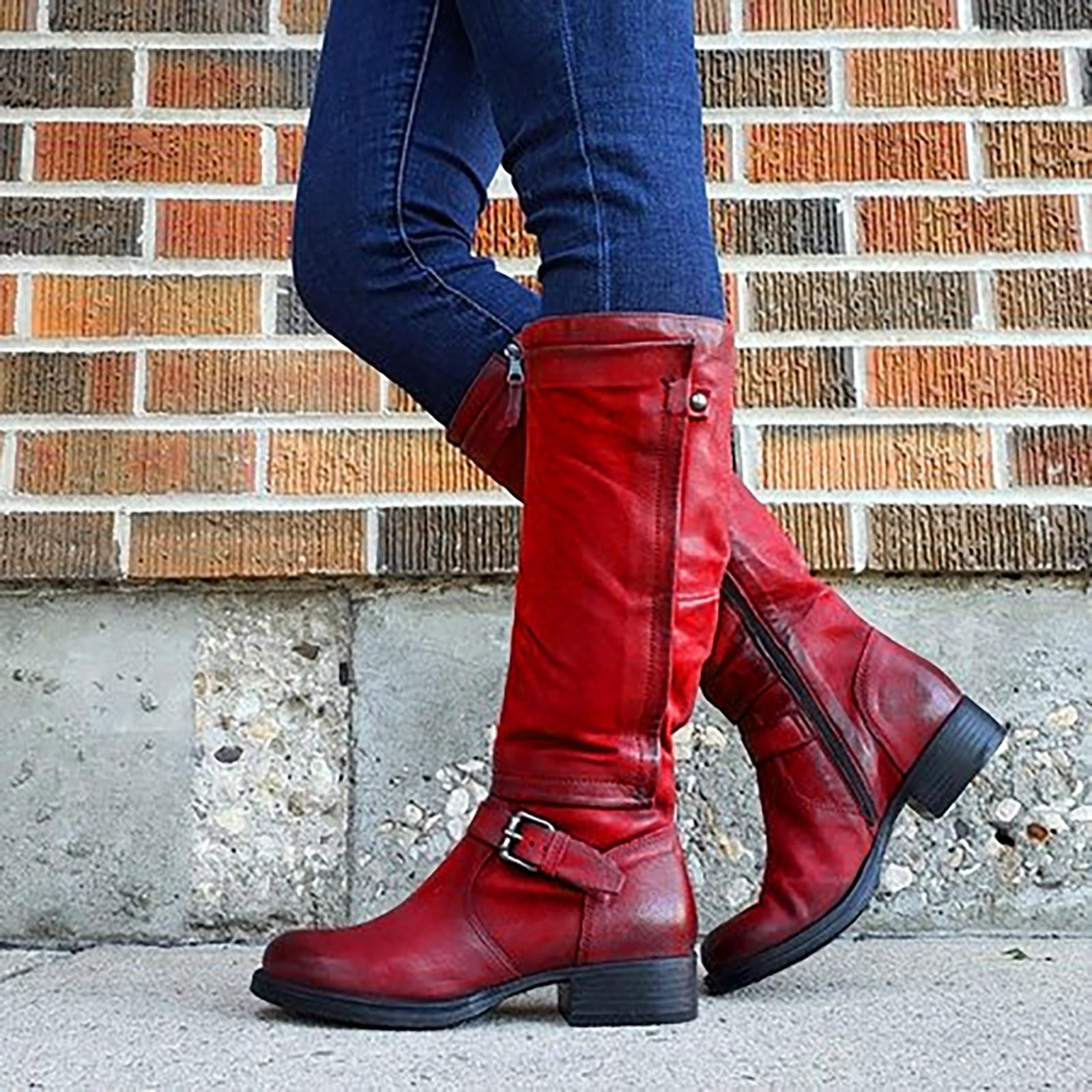 Generisch Stivali invernali da donna in stile cowboy con tacco grosso e fibbia per cintura – Stivali alla moda per le giornate fredde