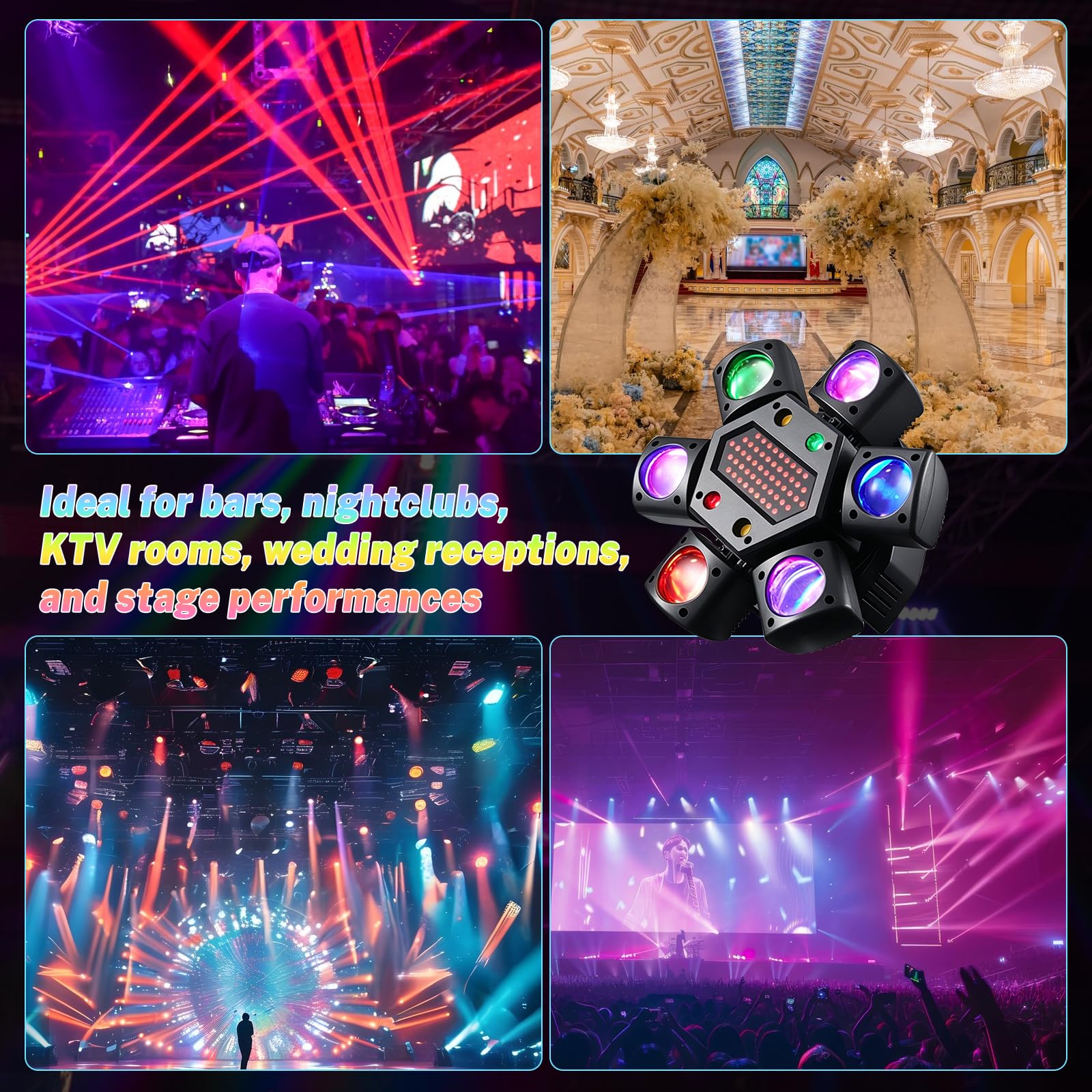 80 W Moving Head DJ Effet lumineux avec télécommande et contrôle de la musique Lumière stroboscopique avec 6 bras d'éclairage, 4 modes de fonctionnement, éclairage de scène pour fêtes, spectacles