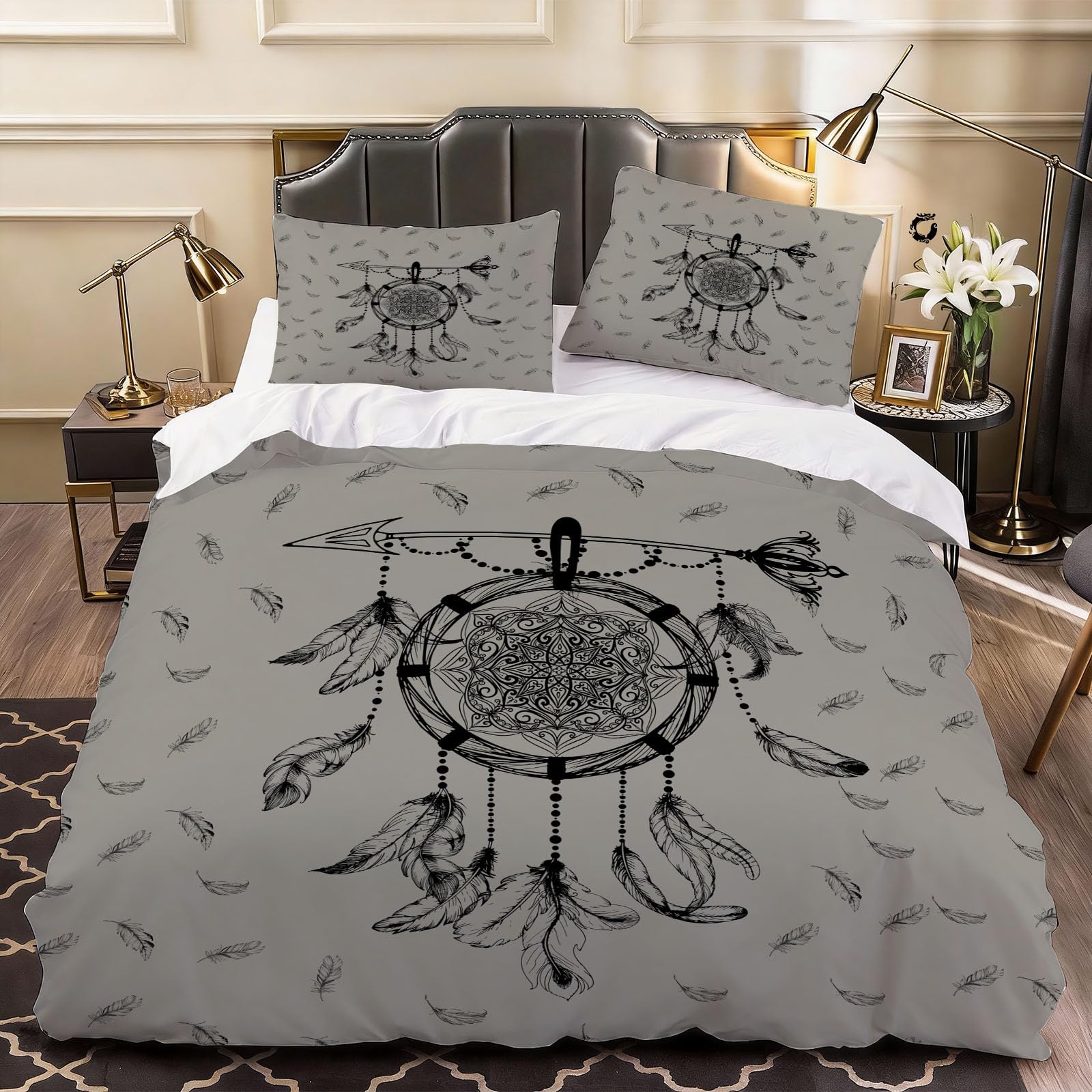 3D Black Feather Duvet Cover Simple Bedding Super King Bed Set, Soft Microfiber Comforter Cover Printed with Zipper Closure Quilt Coverr 260x220 cm and 2 Pillowcases