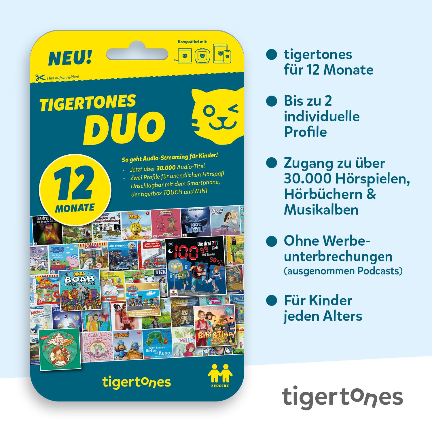 tigermedia tigertones Duo Ticket – 12 Mesi di Streaming tigerbox Touch 30.000 audiolibro Musica per Bambini