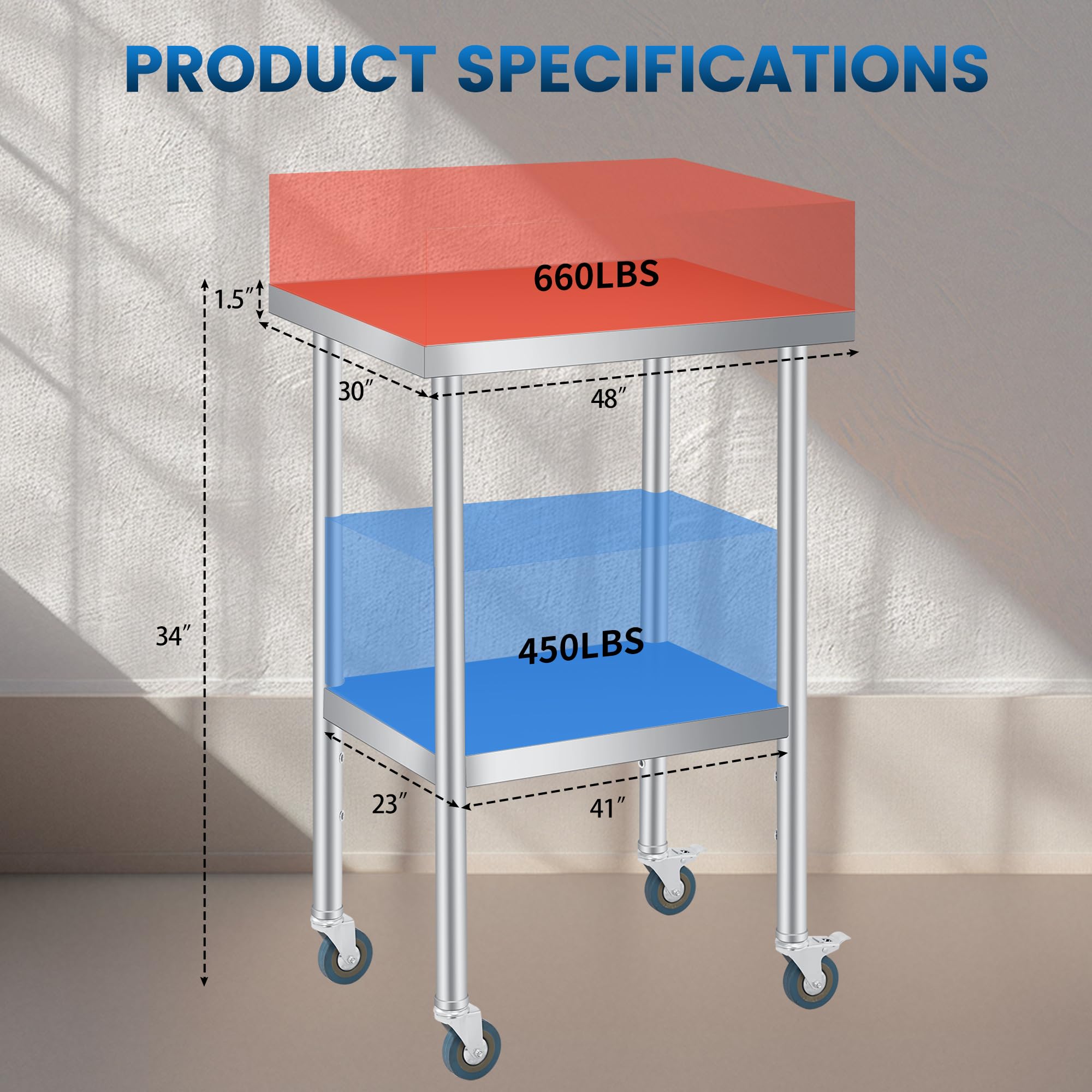 Mesa de Trabajo de Acero Inoxidable de 61 x 61 cm (24" x 24"), de Dos Niveles, cniveles, con Estante Ajustable y Ruedas con Bloqueo Cocina, Restaurante, Garaje y Uso Exterior.