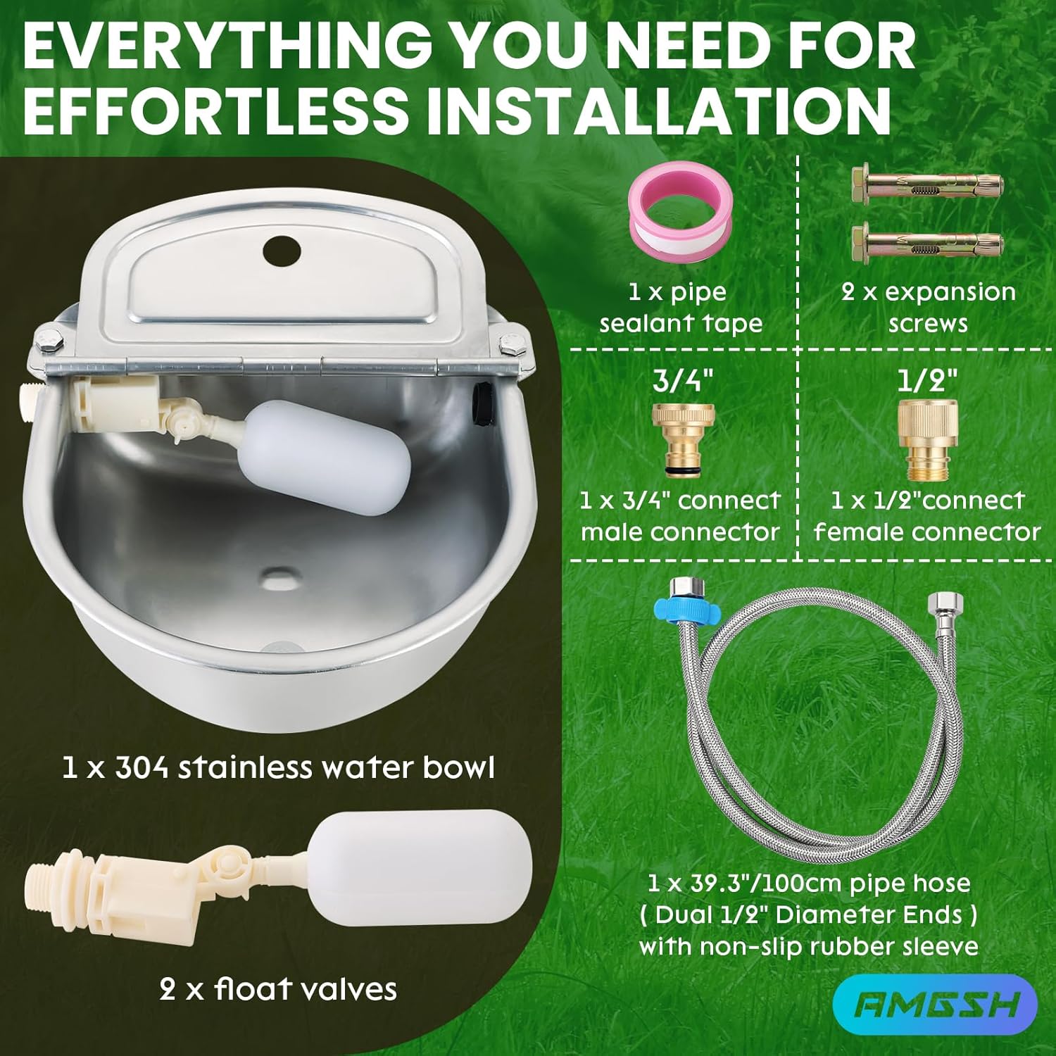 Automatic Animal Drinking Water Bowl, 304 Stainless Steel Waterer with Float Valves, 39" Pipe Hose (1/2" Ends), 1/2" to 3/4" Adapter, Livestock Water Trough Dispenser for Dog Horse Goat Pig Cow