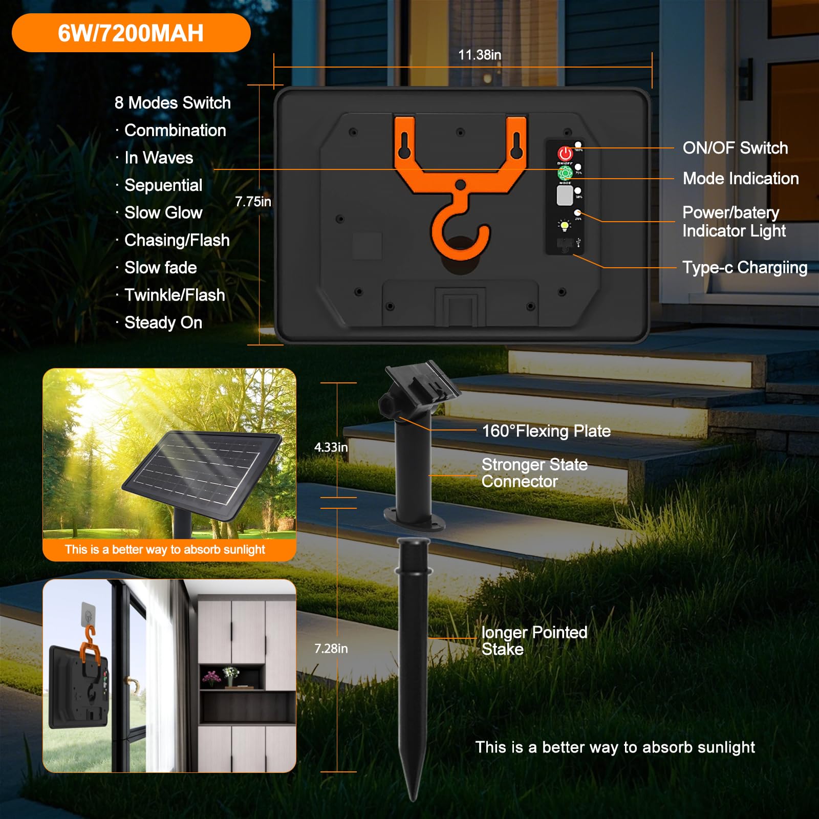 KISUFU Luces Exterior Solar 24V, Luminoso en ambos lados COB 320 Leds/m Neon Tira de Luz LED 8 Modos de Luz Luces Solares con 7200mah Panel Solar Para Jardines, Patio, Dormitorio, Decoración Party.