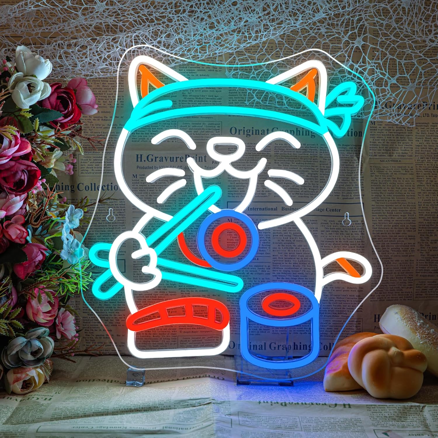 Lucky Sushi Cat Neon Light Eating Neon Sign for Ramen Restaurants White LED Sushi Eat of Kitchen Home Party and Food Time LED Sign Gifts to Cat Fans Food lover