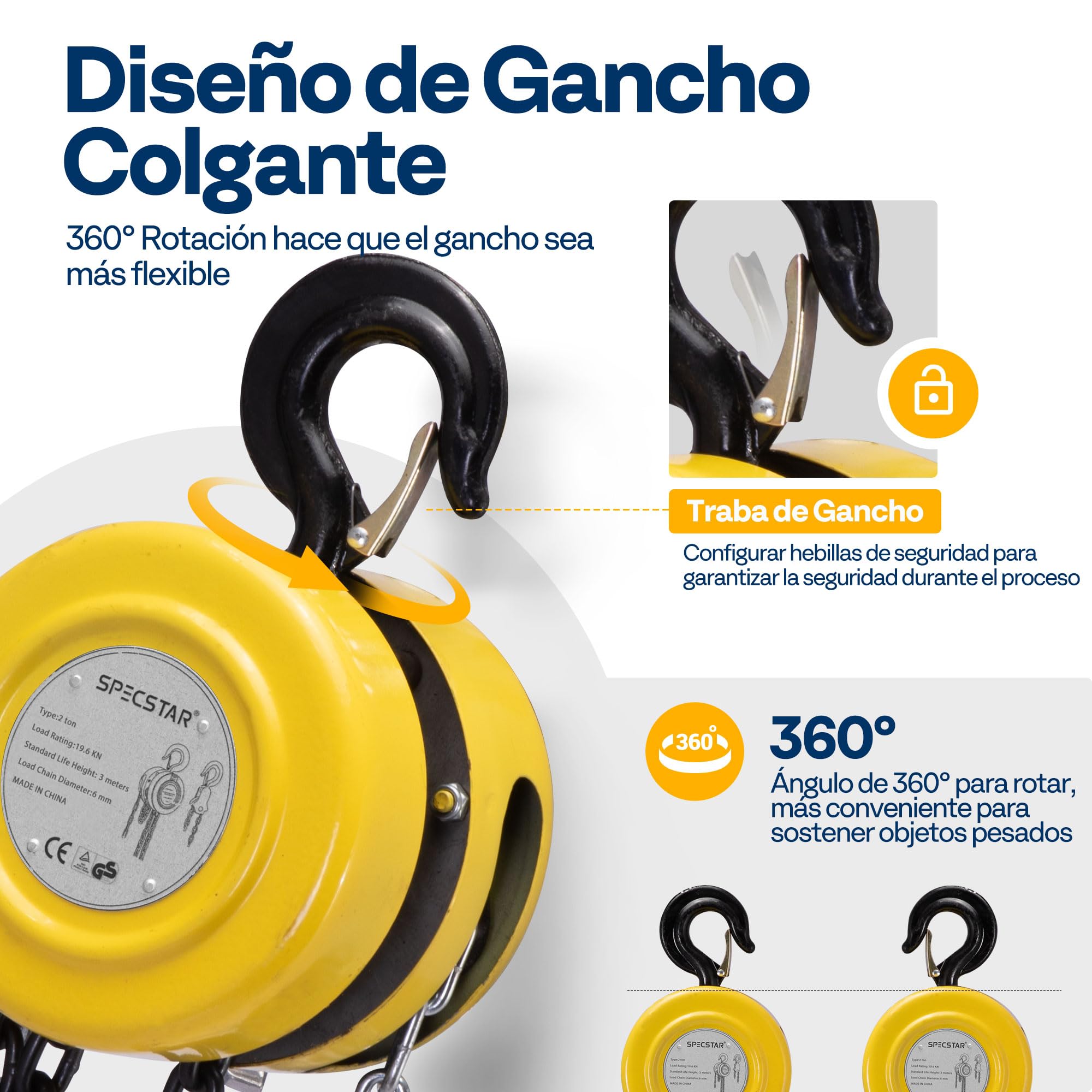 SPECSTAR Polipasto de Cadena Manual de 2000kg y Elevación de Carga 3m con 2 Ganchos Resistentes Polipasto de Cadena Manual para Almacén Construcción Maquinaria Automotriz Amarillo