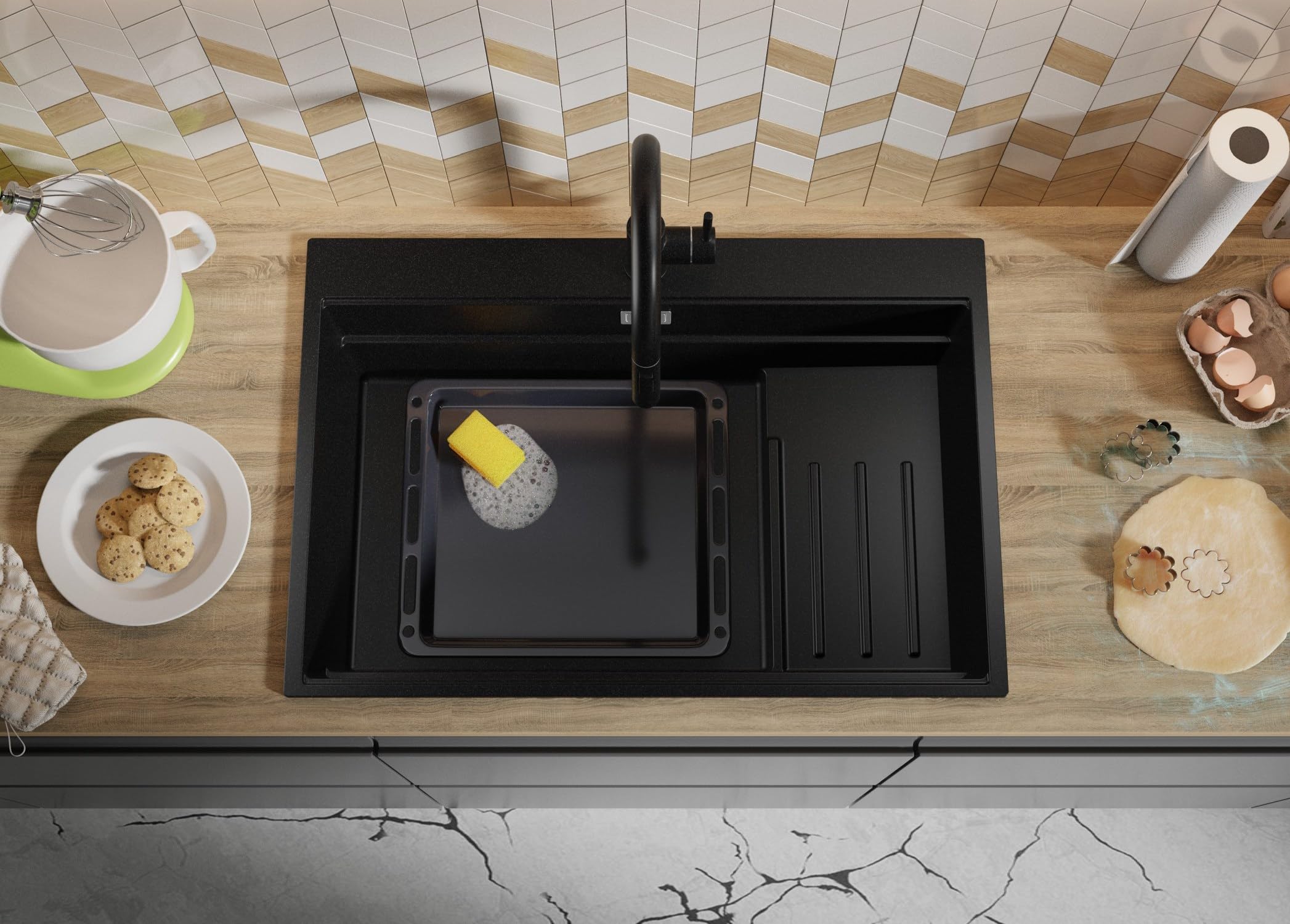 PRIMAGRAN Lavello da Cucina Nero 78x53cm, Lavandino in Granito a 1 vasca + Sifone Classico, Lavabo da Cucina Incasso al Mobile 80cm - Oslo Max Step S095