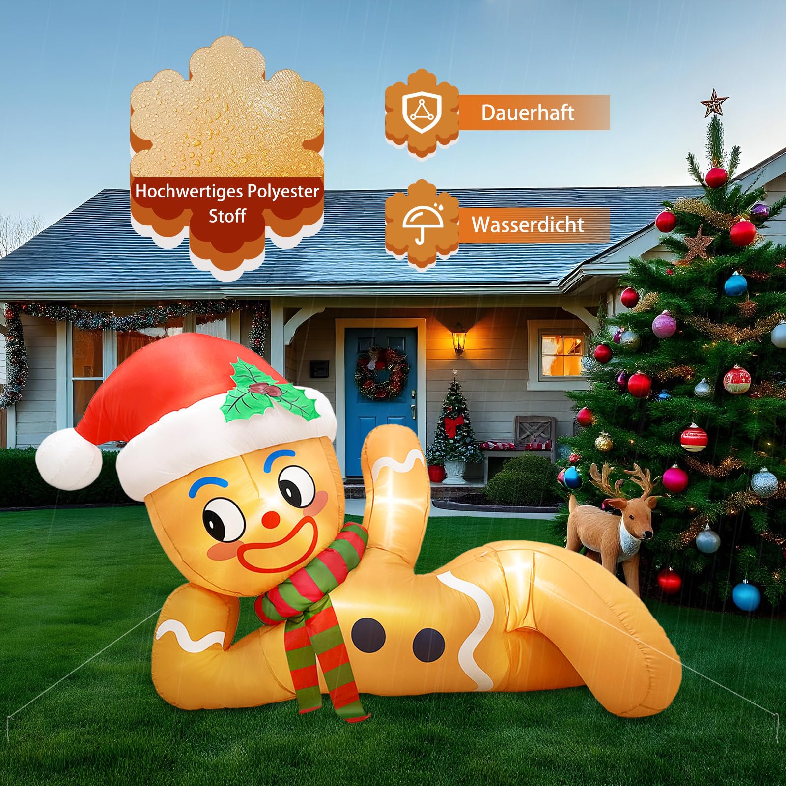 300 cm Aufblasbare Weihnachtsdeko Außen, liegender Weihnachtsdeko Aufblasbar Aussen Lebkuchenmann mit Integrierten LED Lichtern, Weihnachten Aufblasbar für Garten Rasen Hof Party Deko