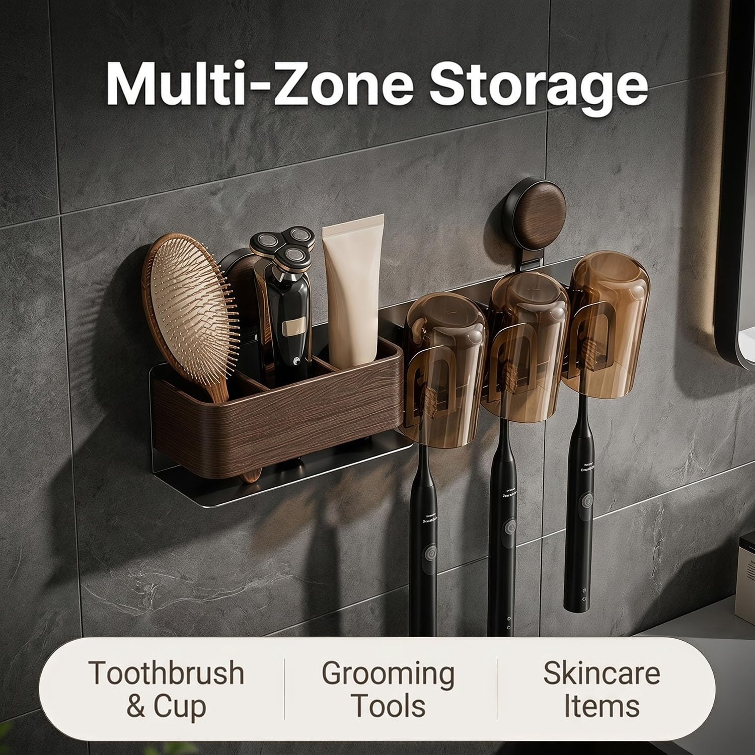 Wall Mounted Toothbrush Holder, No Drilling Waterproof Storage Rack