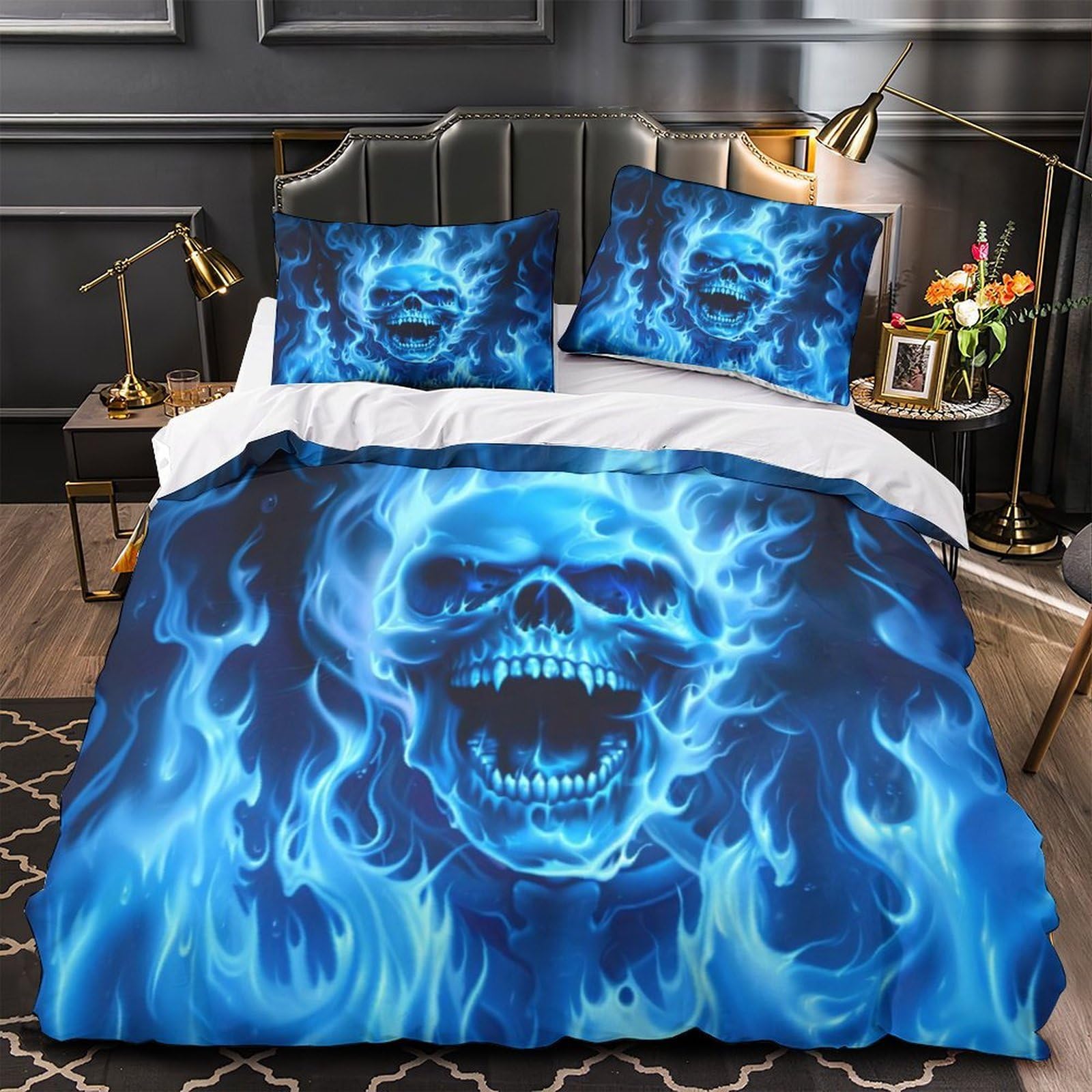 Blue Flame Skull Quilt Cover 3D Print Ultra Soft 3 Pcs Bed Set Hidden Zipper fantasy Horror Comforter Cover Luxurious All Season for Kids Adults Women Teens Youth Teenagers Single（140x200cm）
