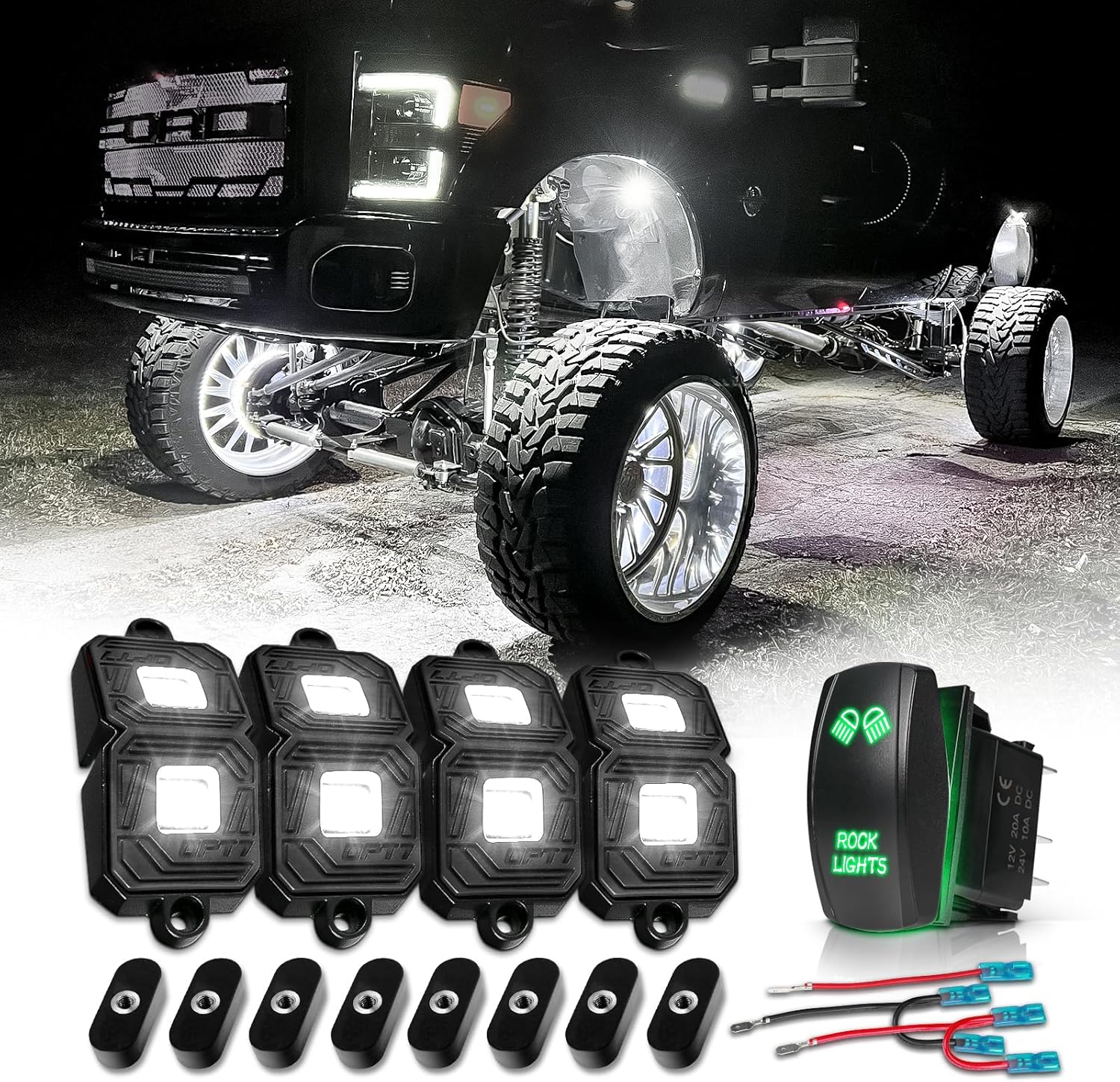 OPT7 Photon Pure White LED 4 Black Pods Magnet Rock Lights with ON/Off Rocker Switch Green, Wide Angle IP68 Waterproof for Offroad Truck Jeep RZR ATV UTV SUV