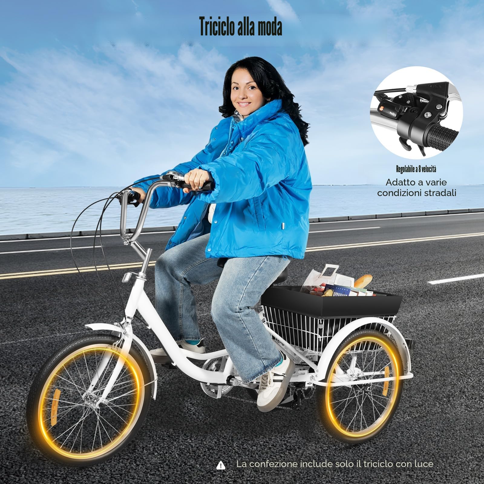 Triciclo da 20 pollici per adulti, 3 ruote, 8 velocità, bicicletta a 3 ruote con cestino portaoggetti, bicicletta cargo per adulti, anziani e donne, altezza regolabile (bianco)