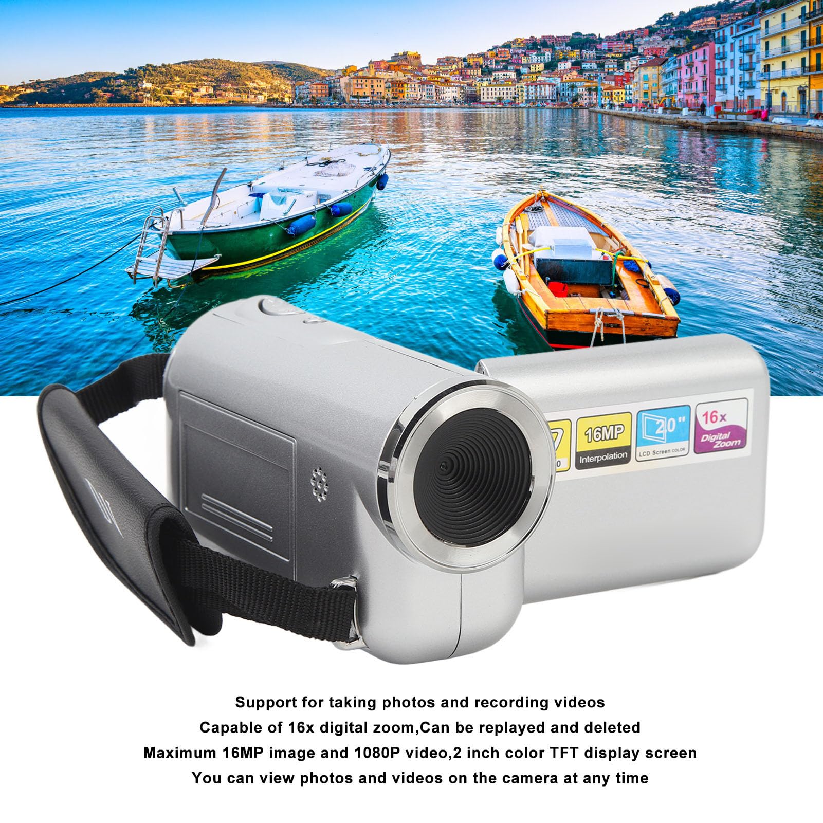 Videokamera Camcorder, 1080P HD 16 MP Kamera mit 2,0 Zoll Farb TFT Bildschirm, 16 fach Digitaler Zoom Vlogging Kamera für YouTube Partyreisen, Camcorder für Anfänger (SILVER)