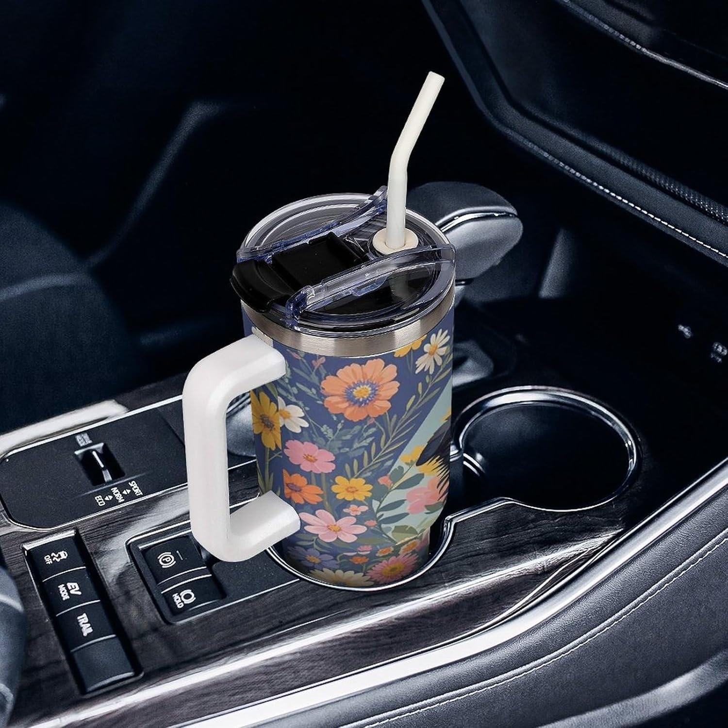Border Collie Florals Travel Coffee Mug Reusable Durable Stainless Steel Insulated Tumbler with Handle And Straw Leak Resistant Portable Thermal Cup Gifts for Men Women 40 Oz