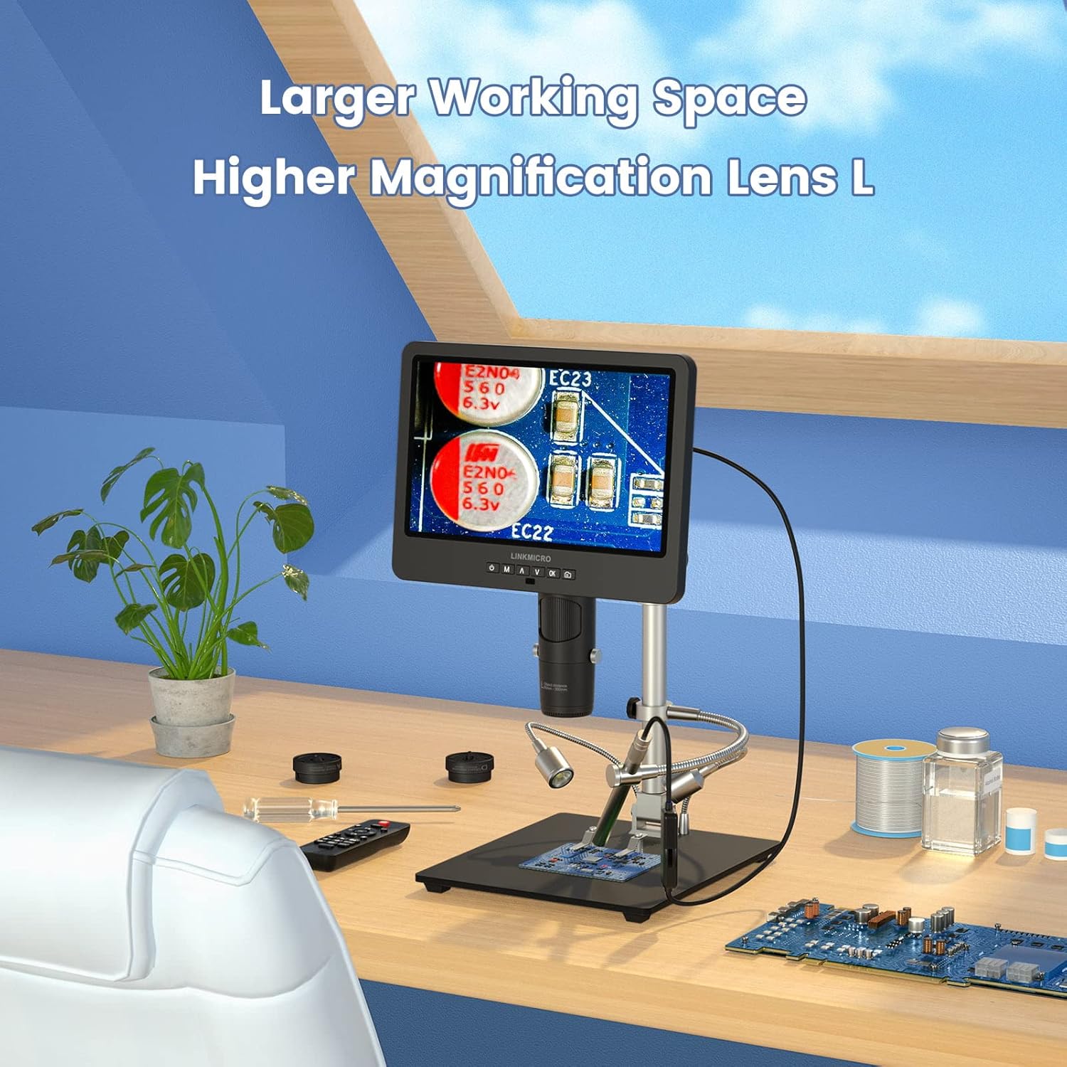 LM249ES 3 Lens 10.1" HDMI Digital Microscope 2000X with 360° View Camera Handheld, Electronic Microscope Endoscope for Soldering Repair, UHD 2160P Video Microscope for Adults [13" Boom Arm Stand] 32GB