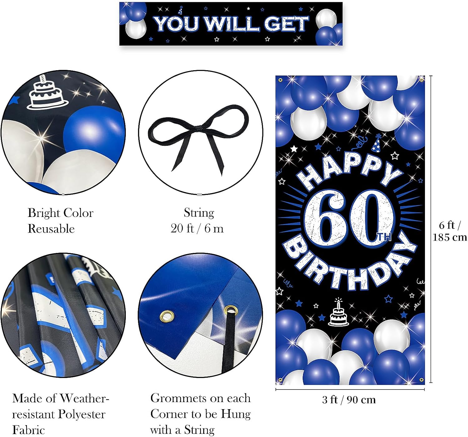 Happy 60th Birthday Decorations for Men & Women, Blue Fabric Banner Backdrop for 60 Year Old Birthday Party, Photo Booth Props, Yard Sign, Cake Table Decor, Door or Entrance Sign - Image 4