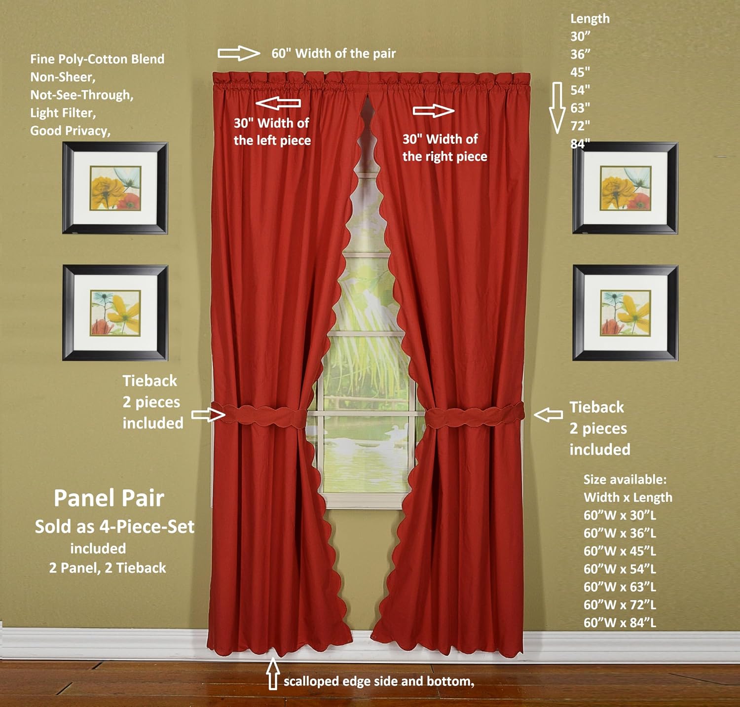 Today's Curtain, Orleans Scallop Curtain, Brick Red 45" Panel Pair and Tieback,4-Piece-Set, 60" W x 45" L, Brick Red