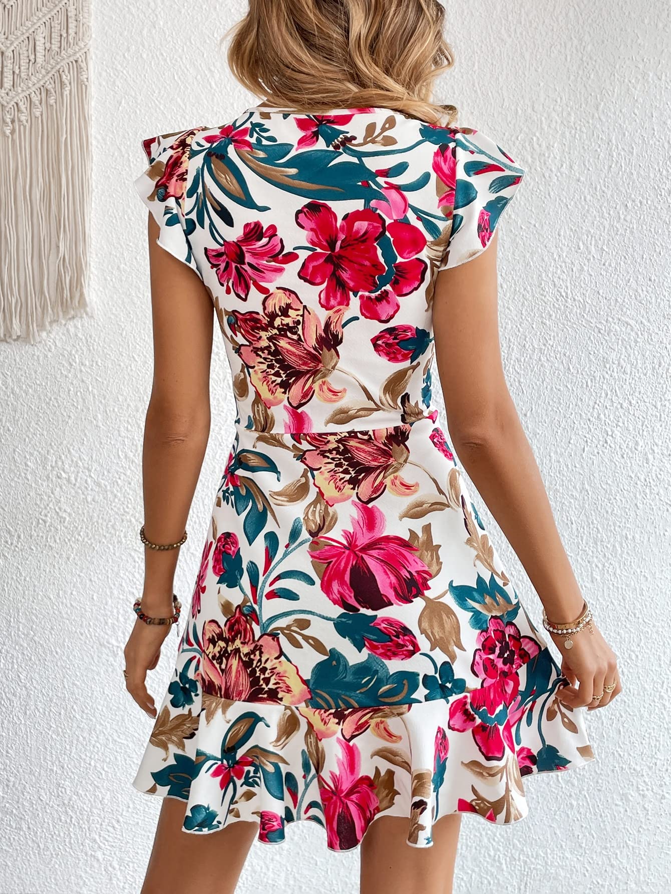 Shasmi Girl's & Women's White Floral Print Cap Sleeve Ruffle Trim Short Dress Summer Boho One Piece Mini Dress For Women Stylish Dresses (Midi 170 White-L)