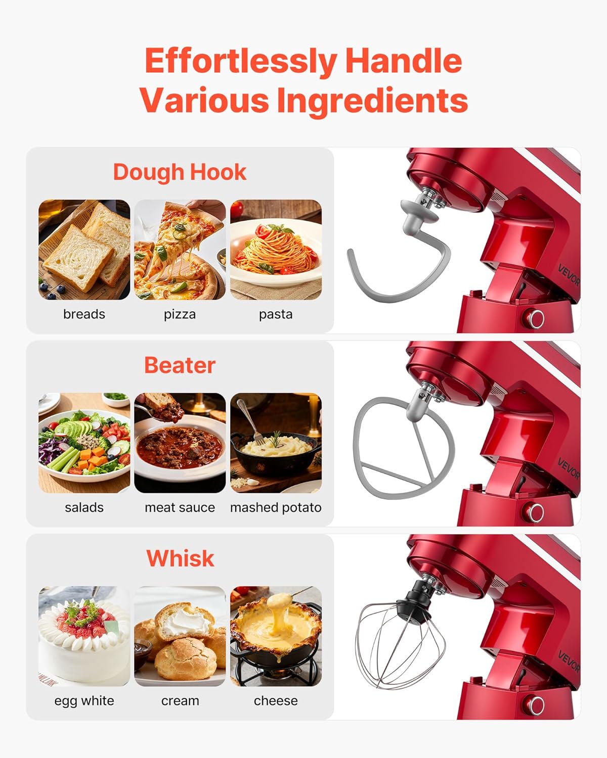 vevor stand mixer, 4.4 qt+6 qt electric kitchen mixer, 300w dough-mixer, 10 speeds tilt-head food-mixer with stainless steel bowls, dough hook, whisk, beater, for baking, mixing, whipping & kneading 4.4 qt+6 qt-10