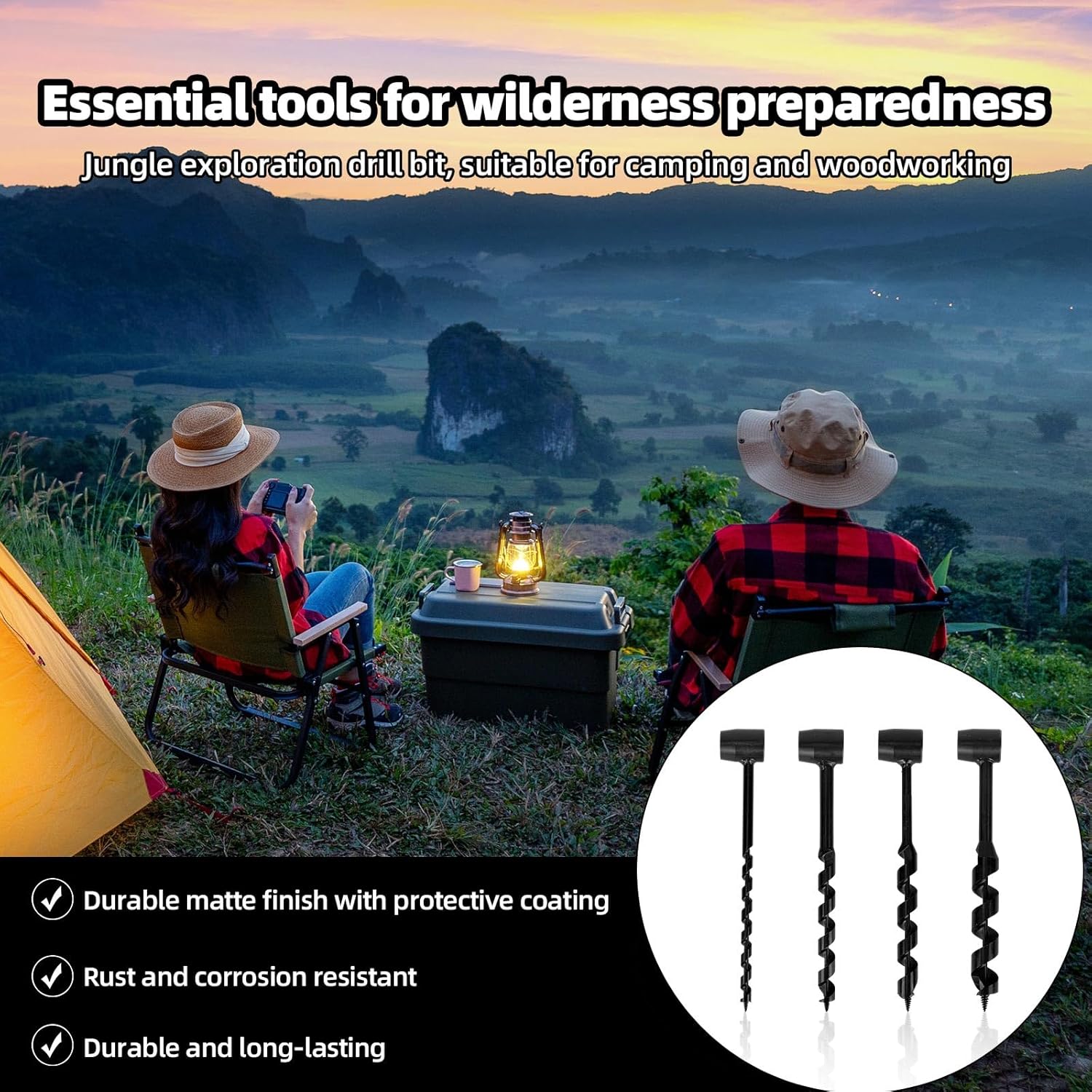 4pcs Hand Auger Wood Drill, Heavy Duty Carbon Steel Outdoor Hand Auger Manual Scotch Eye Augers Bit Settlers Wrench Tools Equipment Gear for Camping Outdoor Backpacking