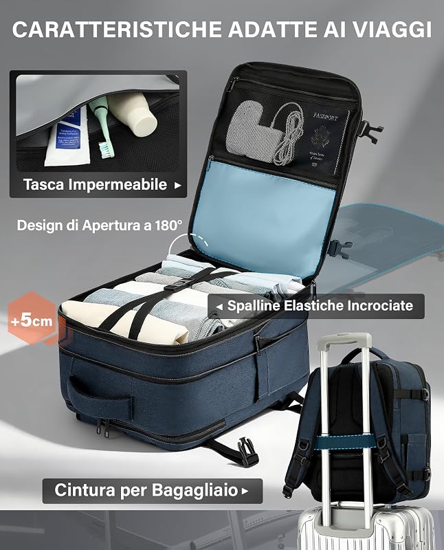 Rucsac de călătorie extensibil VANKEV pentru bagaj de mână Ryanair, EasyJet, Eurowings, Wizz Air, Albastru închis, 40x30x20-40x30x25, 24-30L, pentru laptop de 15,6"