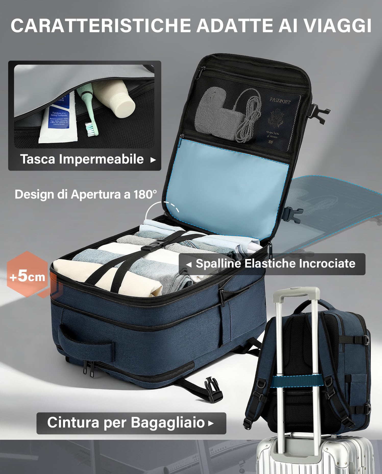 VANKEV Zaino da Viaggio Aereo per Ryanair EasyJet Eurowings Wizz Air Espandibile 40x30x20 a 40x30x25, 24L a 30L, Bagaglio a Mano Per Viaggi Adatta a Laptop da 15,6 Pollici blu scuro