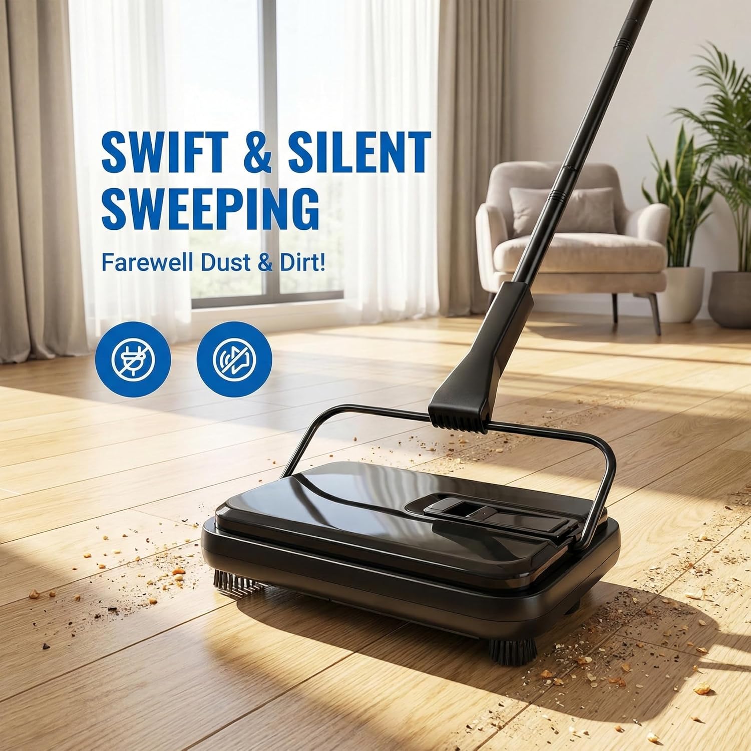 Manual Carpet Sweeper, Electric-Free Quiet Floor Sweeper with 300ml Easy-Empty Dustbin, 6.7” Cleaning Width for Pet Hair, Crumbs, Dust on Carpets, Hardwood, Tile - Home & Office Use (Black)