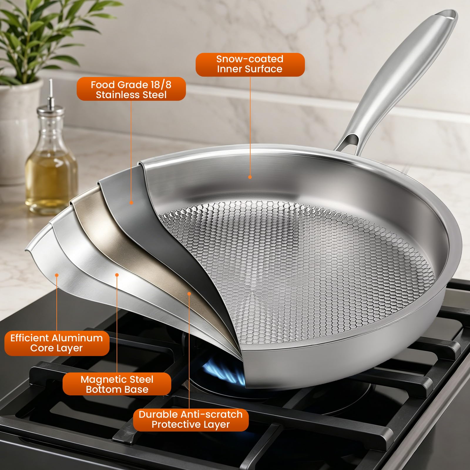 Titan, padella con coperchio, in titanio senza rivestimento, padelle in titanio con motivo martellato per cucinare, antigraffio, antiaderente, padella in titanio Pro induzione, per cucina e campeggio