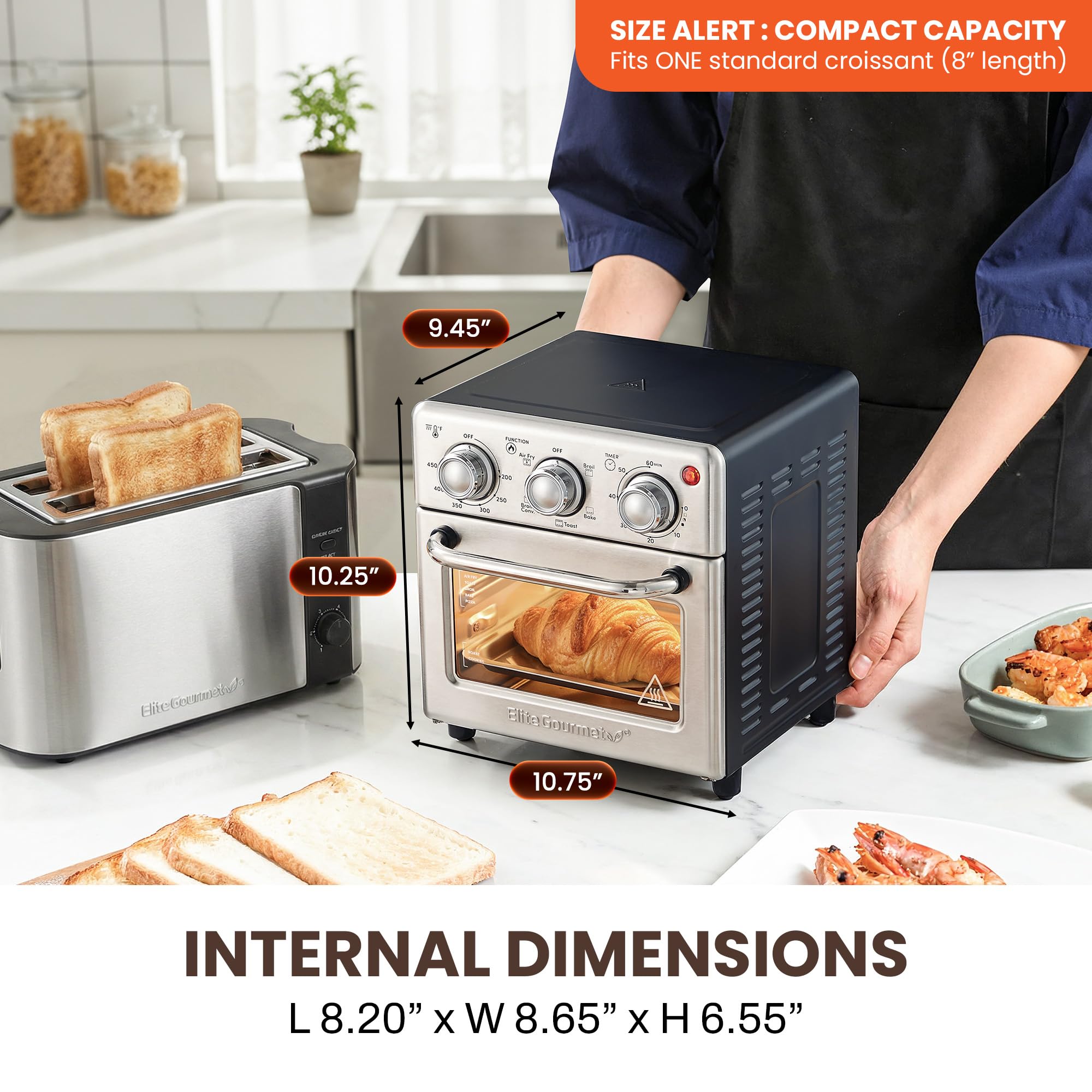 Elite Gourmet EAF0852SS 8.5Qt. Horno freidora de aire de capacidad, freír al aire, asar, tostar, hornear y asar con convección, controles de tiempo y temperatura, 800 vatios, incluye 25 deliciosas