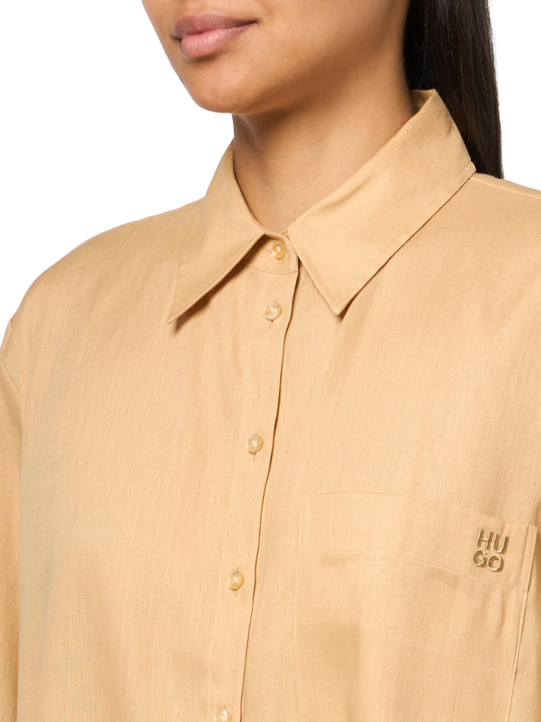 HUGO Short Sleeve Button Down Linen Blend Shirt Camicia a Maniche Corte in Misto Lino con Bottoni Donna (Pacco da 1)