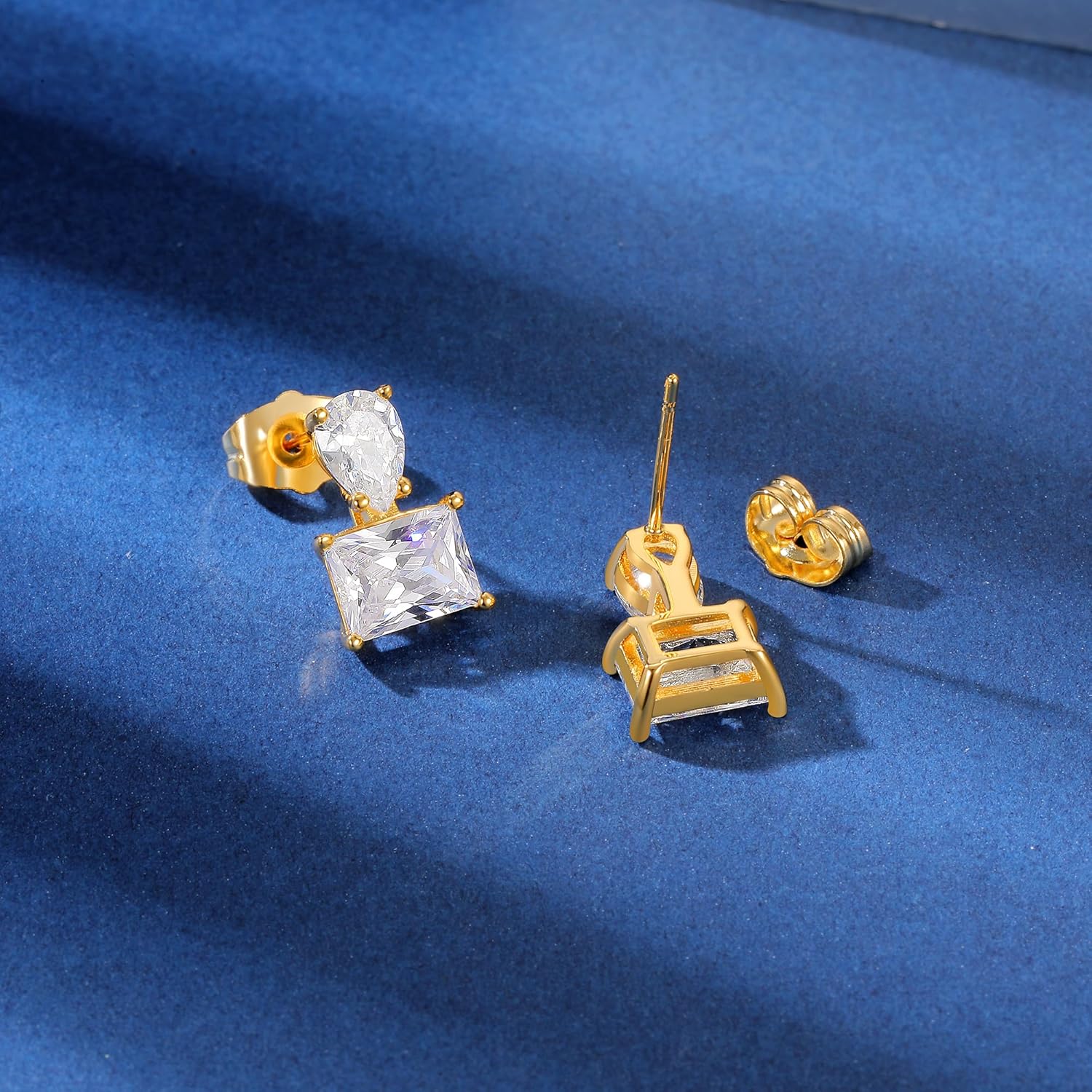 MDFUN 18K Yellow Gold-Plated Cubic Zirconia Stud Earrings for Women – Waterdrop Rectangle CZ Hypoallergenic Earrings - Image 4
