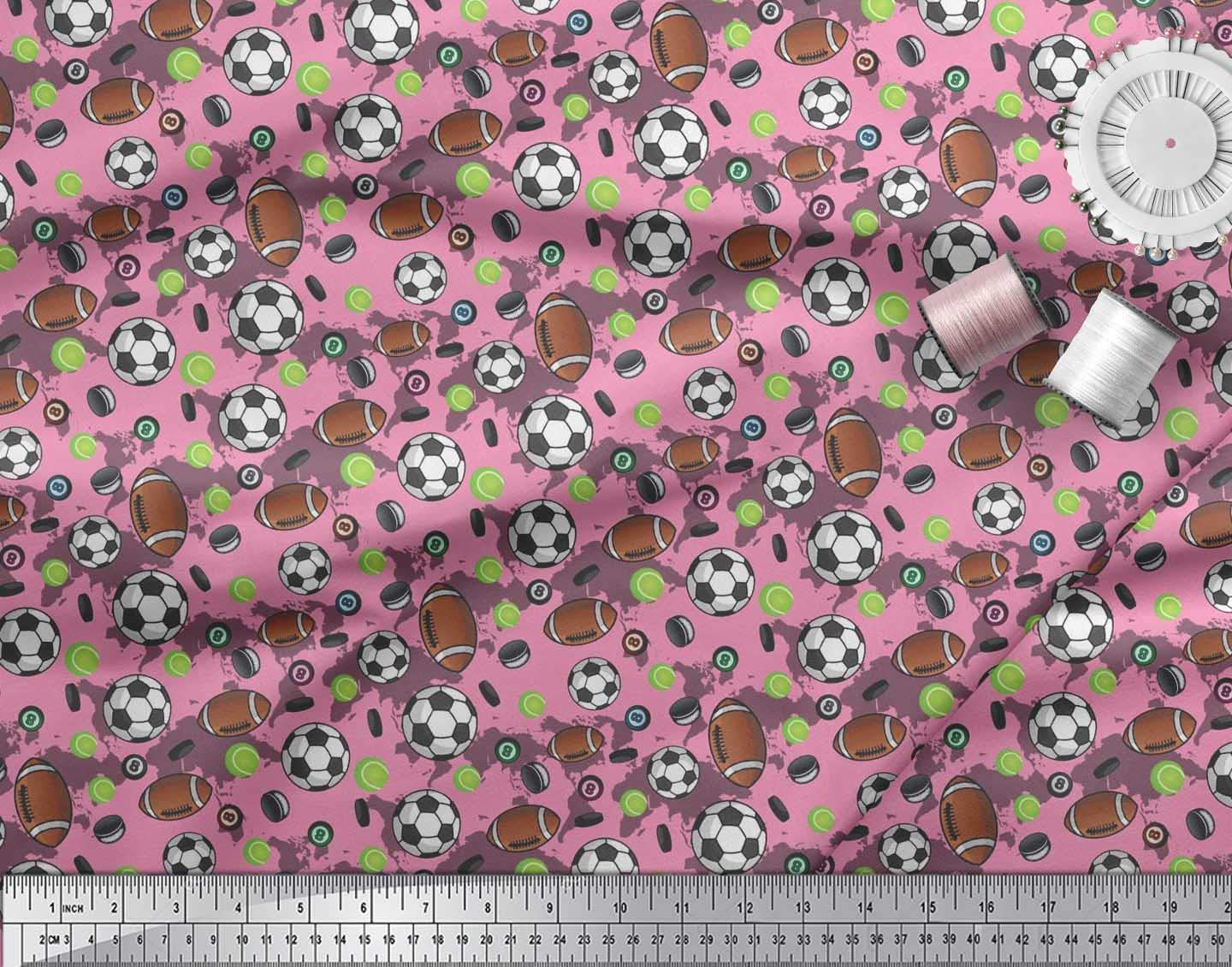 Soimoi Silk Pink Fabric - by The Yard - 42 Inch Wide - Cricket Ball, Rugby & Football Sports - Tri-Sport Extravaganza with Cricket Ball, Rugby, and Football Prints Printed Fabric