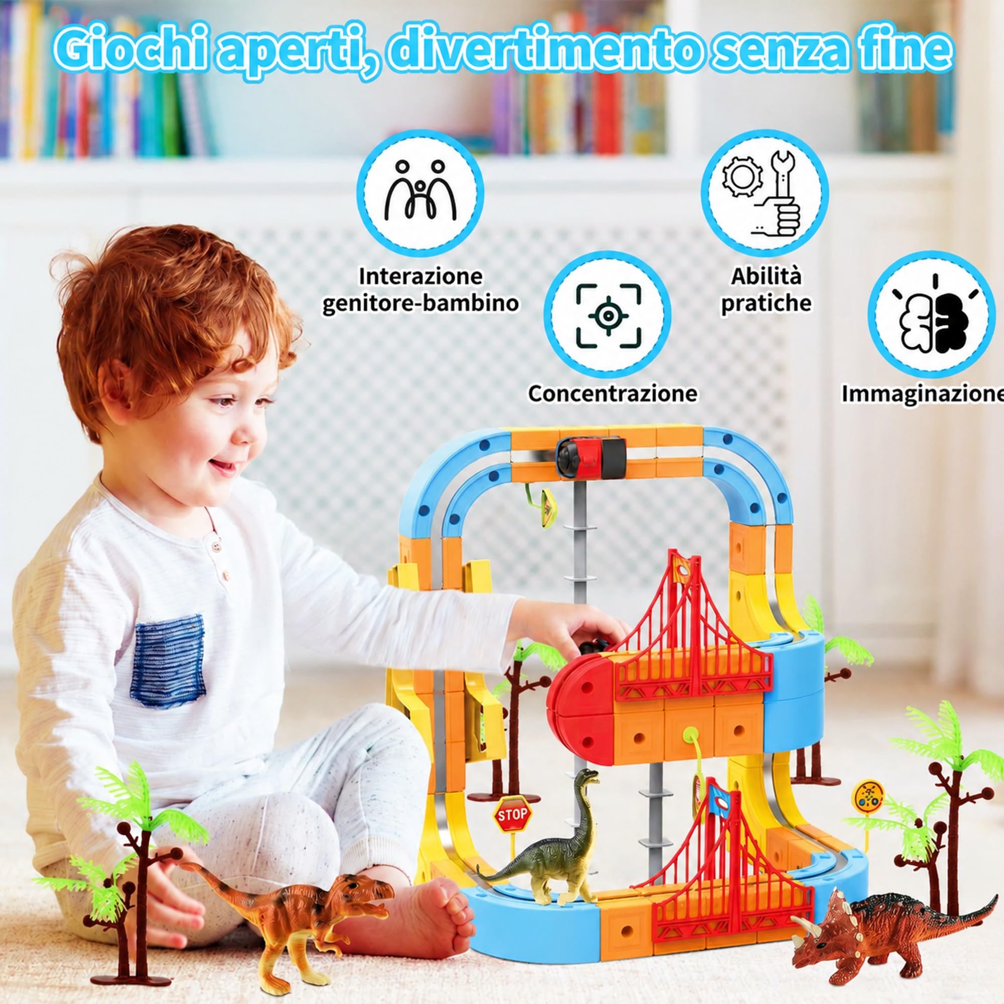 Clickrail Electric Train Set flessibile Race Track, blocco con giocattolo di dinosauro/palma di cocco/adesivi, set di treno magnetico creativo con layout 3D, giocattolo regalo per bambini