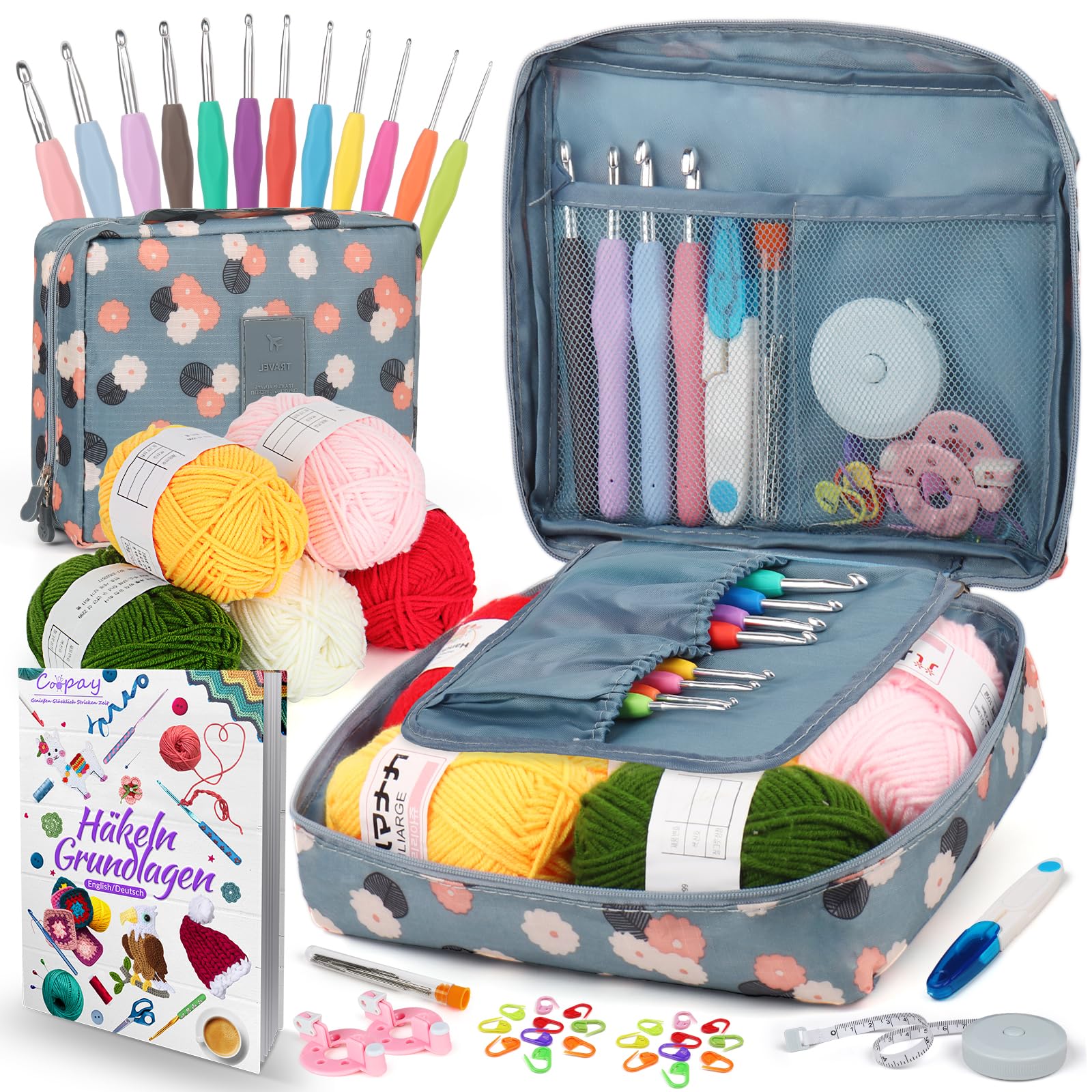 Coopay Crochet Set for Beginners - Blue Flower Crochet Hook Set with Ergonomic Crochet Hooks (2.0-8.0 mm), Soft Handle, Yarn, Patterns & Accessories, Starter Kit