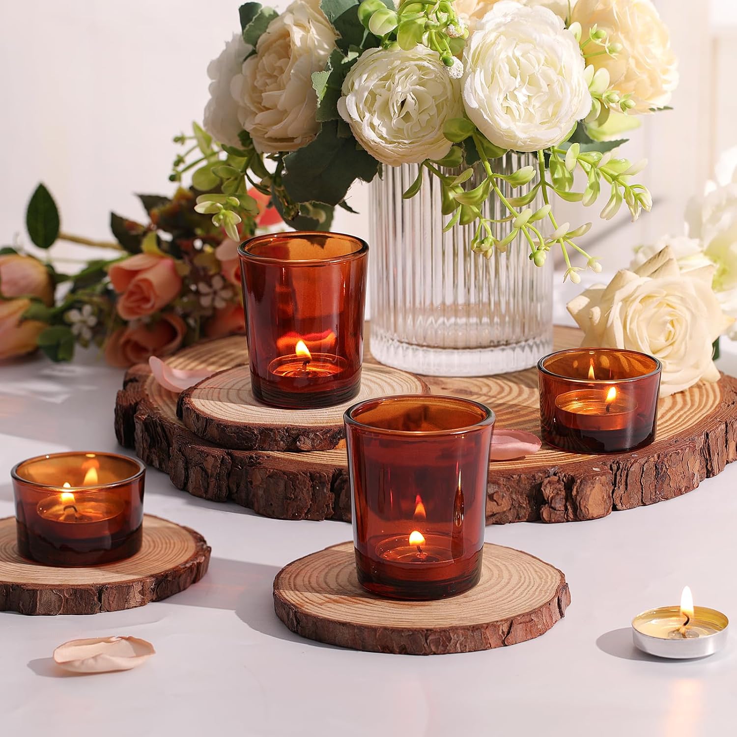 12pcs Assorted Amber Votive Candle Holders, Glass Candle Holder for for Fall Decor, Amber Tealight Candle Holder for Table Centerpiece, Wedding and Party Decor image 4