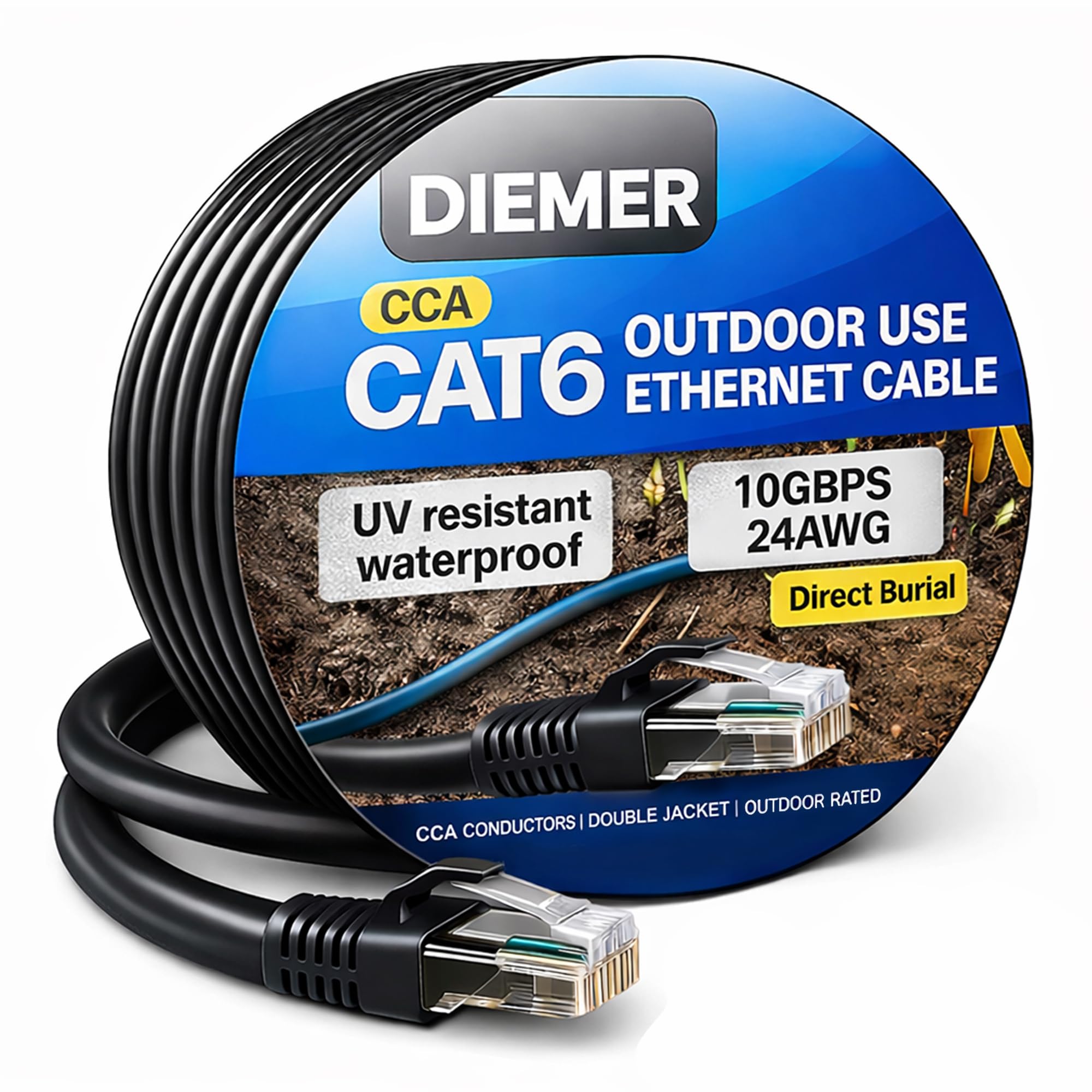 Diemer Cavo Ethernet Cat 6 per esterni, 60 m, resistente alle intemperie, cavo a doppia guaina con LLDPE e PVC, 24 AWG CCA UTP, cavo di rete Gigabit ad alta velocità da 10 Gbps, include 60 fascette