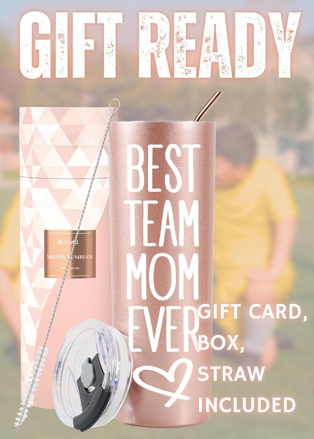 Onebttl Team Mom Gifts for Women, 20oz Skinny Tumblers, Base Ball and Soccer Mom Gifts, Rose Gold, Best