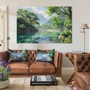 日本画④　絵画　山　森　風景画　アンティーク　山岳風景　油絵　インテリア Amazon.co.jp: 絵画 春の山の川の森の風景インテリア 絵画