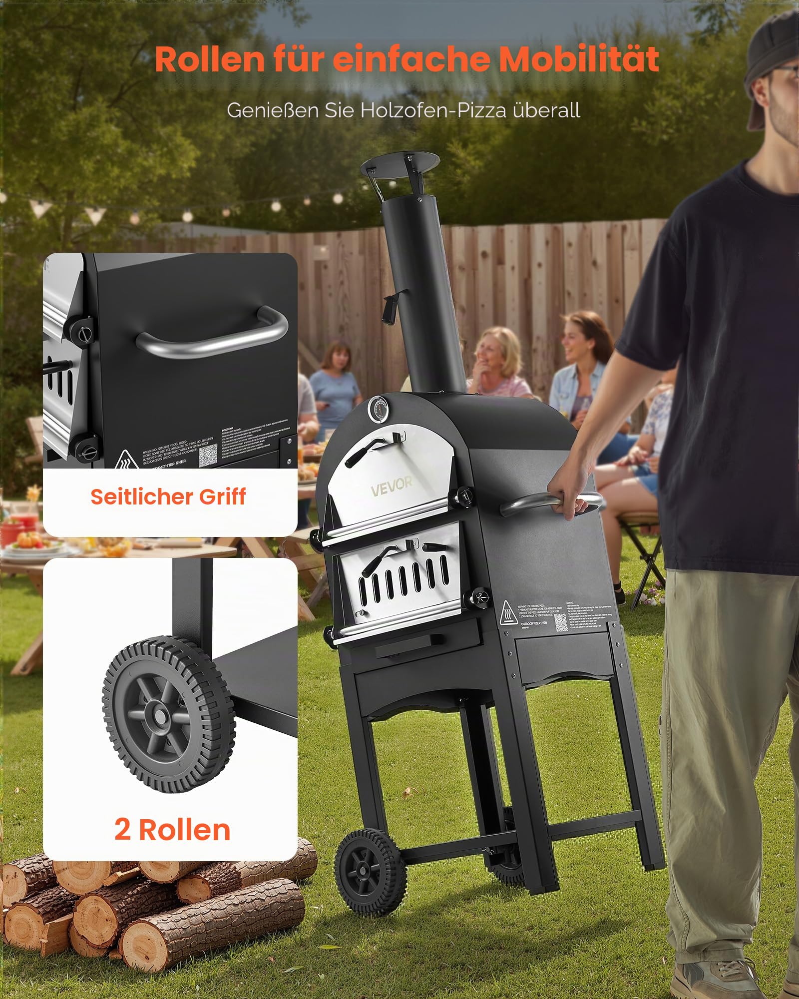 VEVOR Pizzaofen 12 Zoll Pelletöfen, 2-lagiger Pizzaofen mit Holzfeuerung, Holzbefeuerter Ofen Outdoor mit 2 abnehmbaren Rädern, Pizzamaker mit Höchsttemperatur von 540 °C zum Grillen