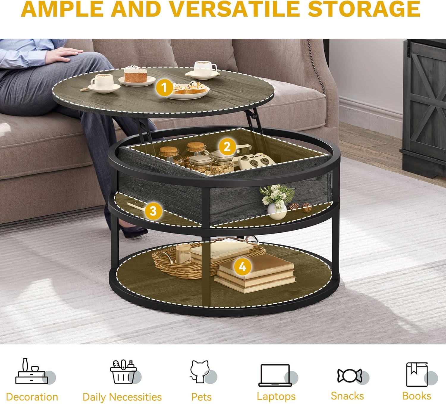 DWVO Round Coffee Tables for Living Room, Lift Top Coffee Table with Storage, Farmhouse Wood Coffee Table, Circle Small Coffee Tables Living Room for Home Decir Office, Grey