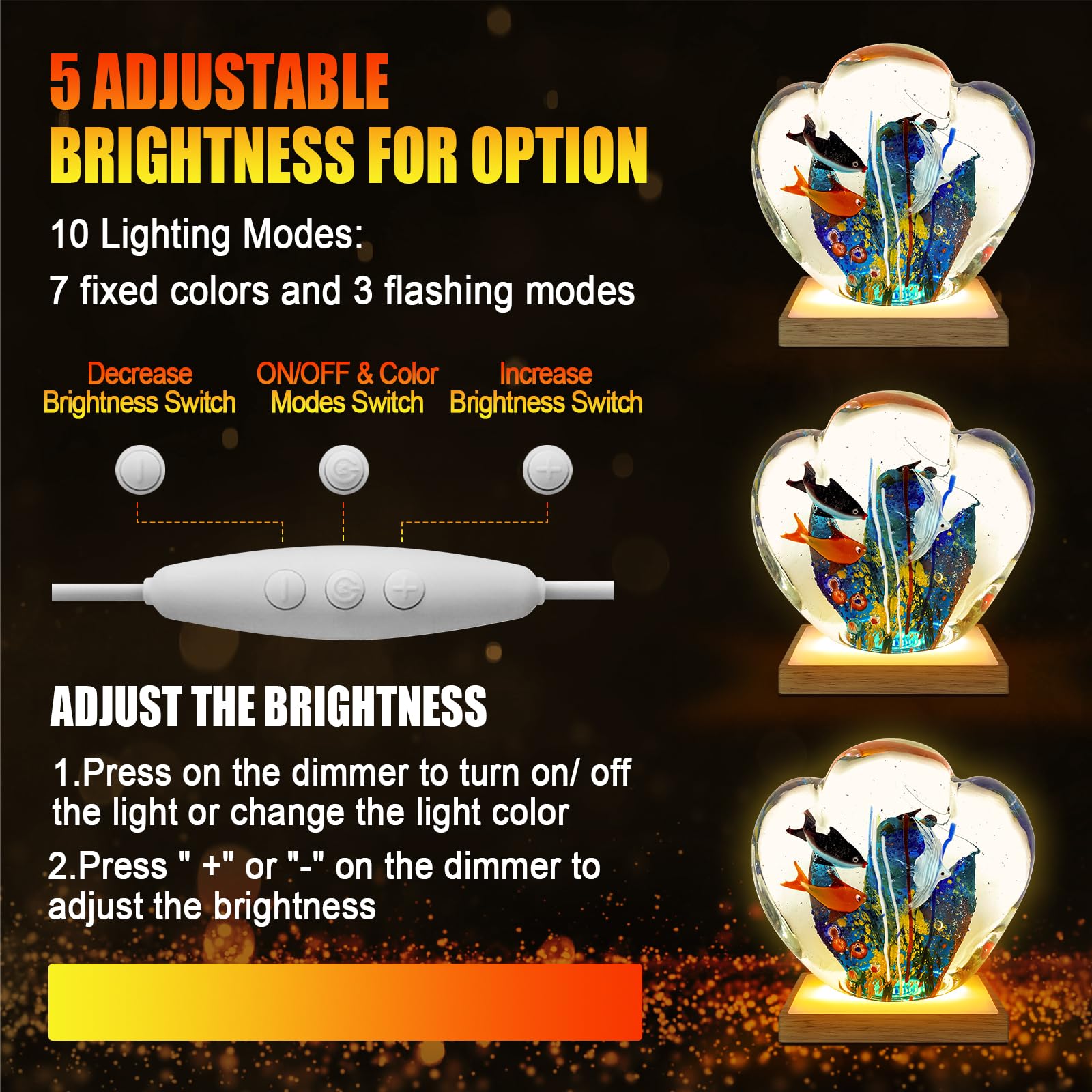 Base per display in cristallo regolabile in luminosità per vetro artistico, supporto in legno con luce notturna dimmerabile a 3 colori, base rettangolare a LED per luce artistica in cristallo 3D
