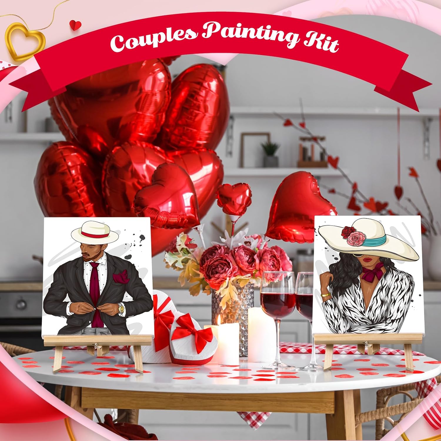 Zhanmai 112 Pcs Sip and Paint Kit for Adults Couples Painting Kit Date Night Pre Drawn Canvas to Paint at Home Party Supplies Stretched Canvas Couple Romantic Activity(Couple 2,8 x 10 Inch)