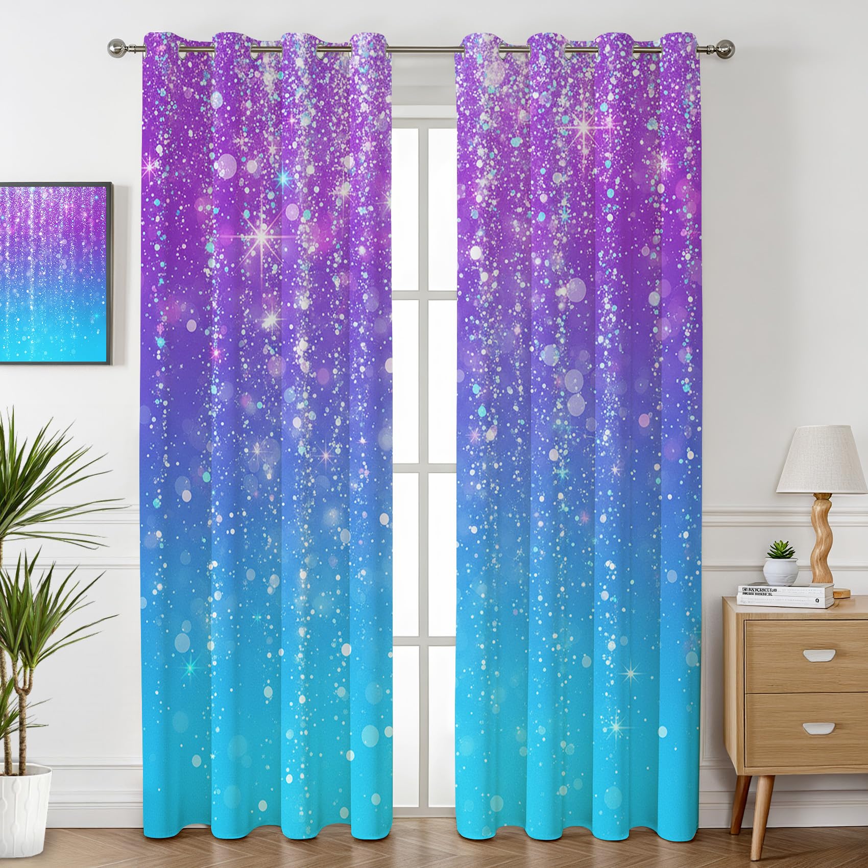 Glitzer Sterne Vorhänge Blickdicht Wohnzimmer Lila Blau Verlauf Vorhang mit ösen Gardinen 200 cm Hoch 2er Set Verdunklungsvorhänge für Schlafzimmer Fenster