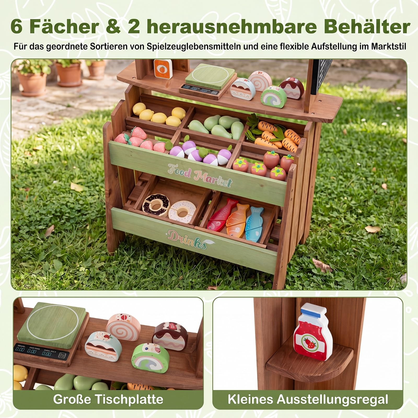 COSTWAY Kinder Kaufladen, Kaufmannsladen mit Waage, Kreidetafel, 43 Zubehör | aus Holz, Verkaufsstand mit 6 Fächern & 2 Boxen, Supermarkt für Kinder ab 3 Jahren