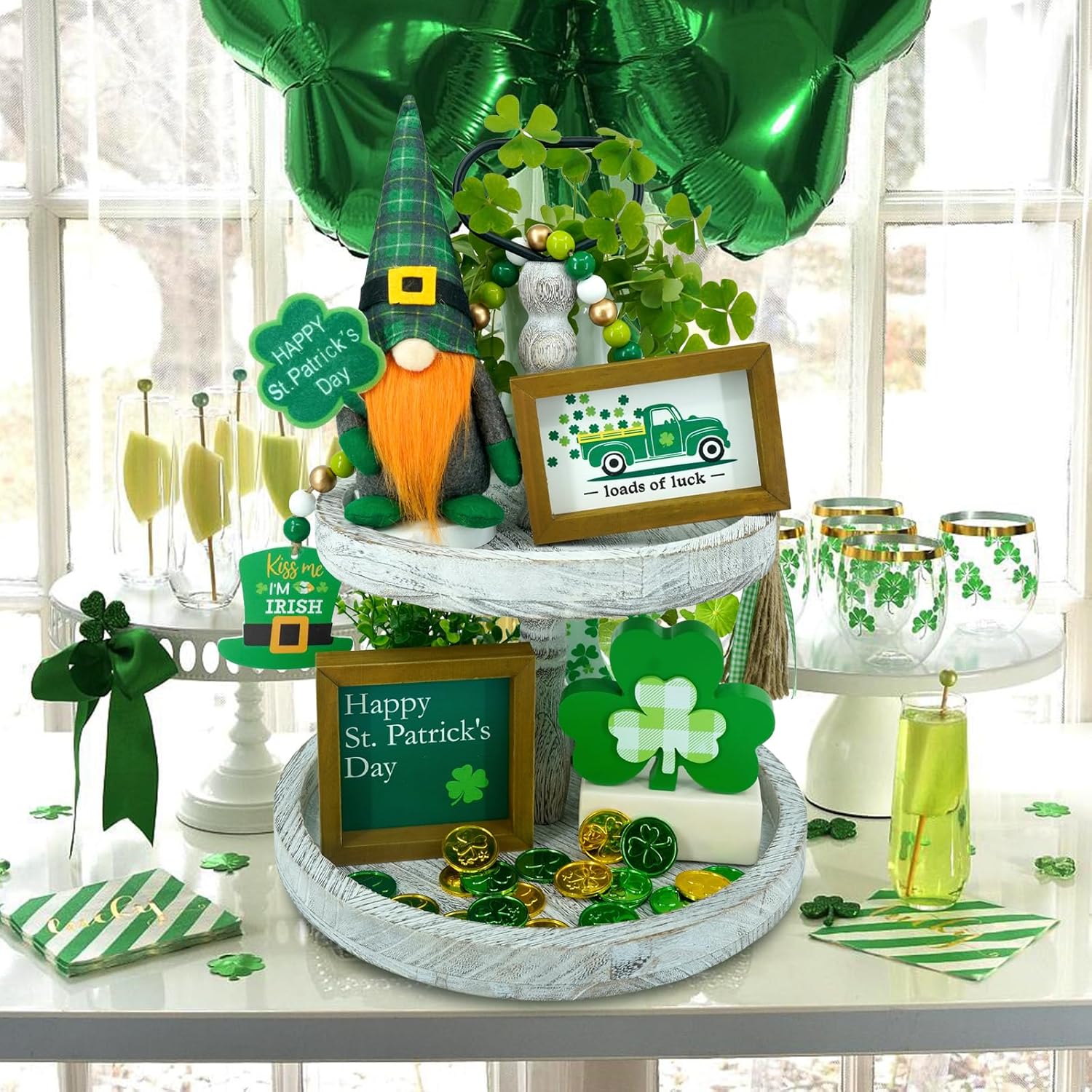 St Patricks Day Decorations Farmhouse St Patricks Tiered Tray Decor Green Plaid Gnomes Plush Shamrock Wooden Sign Bead Garland Happy Saint Patricks Decoration for Home (Tray Not Included)