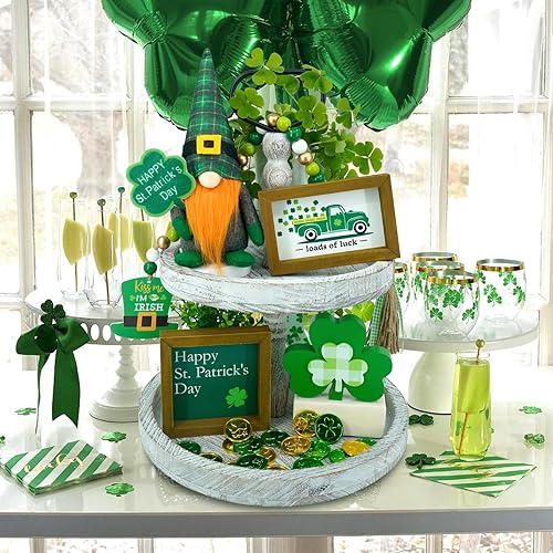 Miniatura 6 de KnomeKo Decoraciones del día de San Patricio, decoración de bandeja escalonada de San Patricio, gnomos de felpa de trébol de madera, guirnalda de