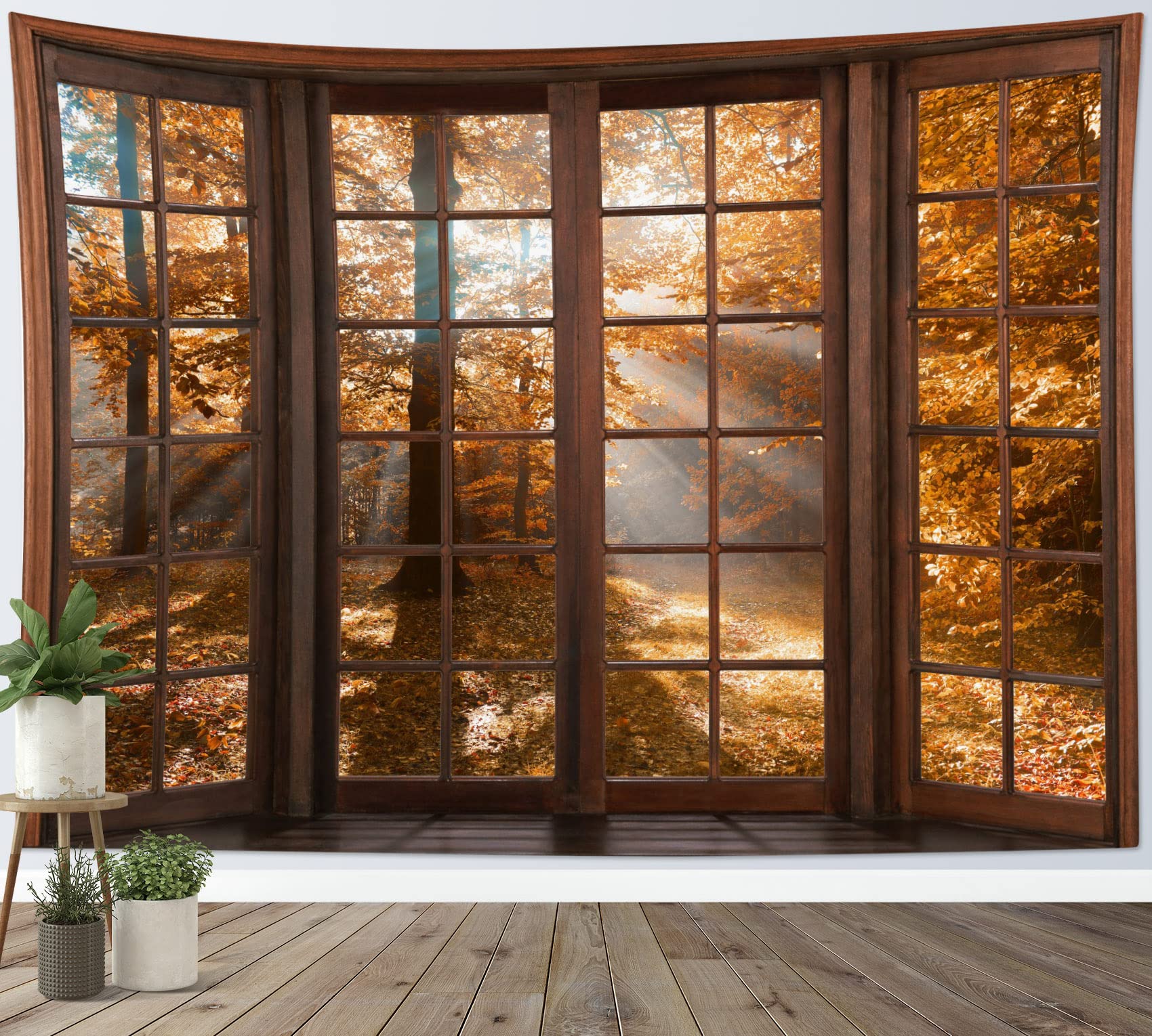HVEST Fall Forest Wall Hanging - Brown Maple Tree with Glow Sunshine Outside Window Tapestry - Vintage Nature Landscape for Living Room Bedroom