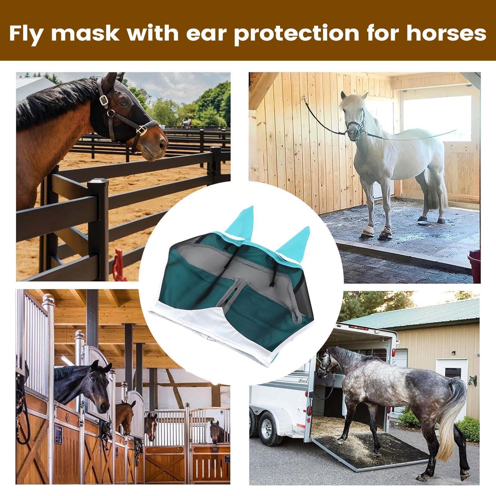 Masque Anti-Mouches pour Cheval,Tissu Respirant Protection UV,Couvre-tête Demi-Visage avec Oreilles et Bandeau élastique - pour bétail, Vaches, Ferme, Toutes