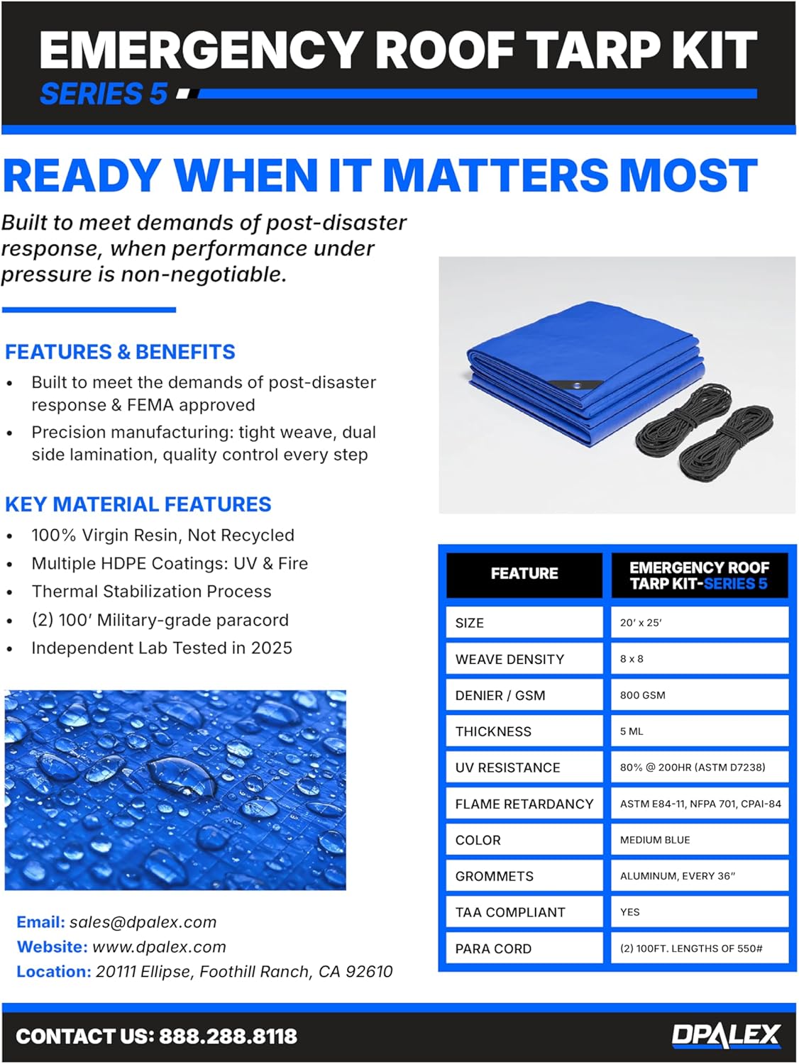Emergency Roof Tarp Kit, 5 Series, Cobalt Blue, 20' x 25', 5 mil, UV Resistant, Flame Retardant, Includes 2 100' 550 lb. Paracords